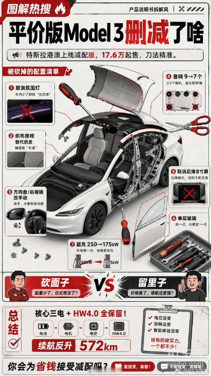 平价版Model3删减了啥 砍掉氛围灯、后排娱乐屏、HEPA空滤、前排通风和后排