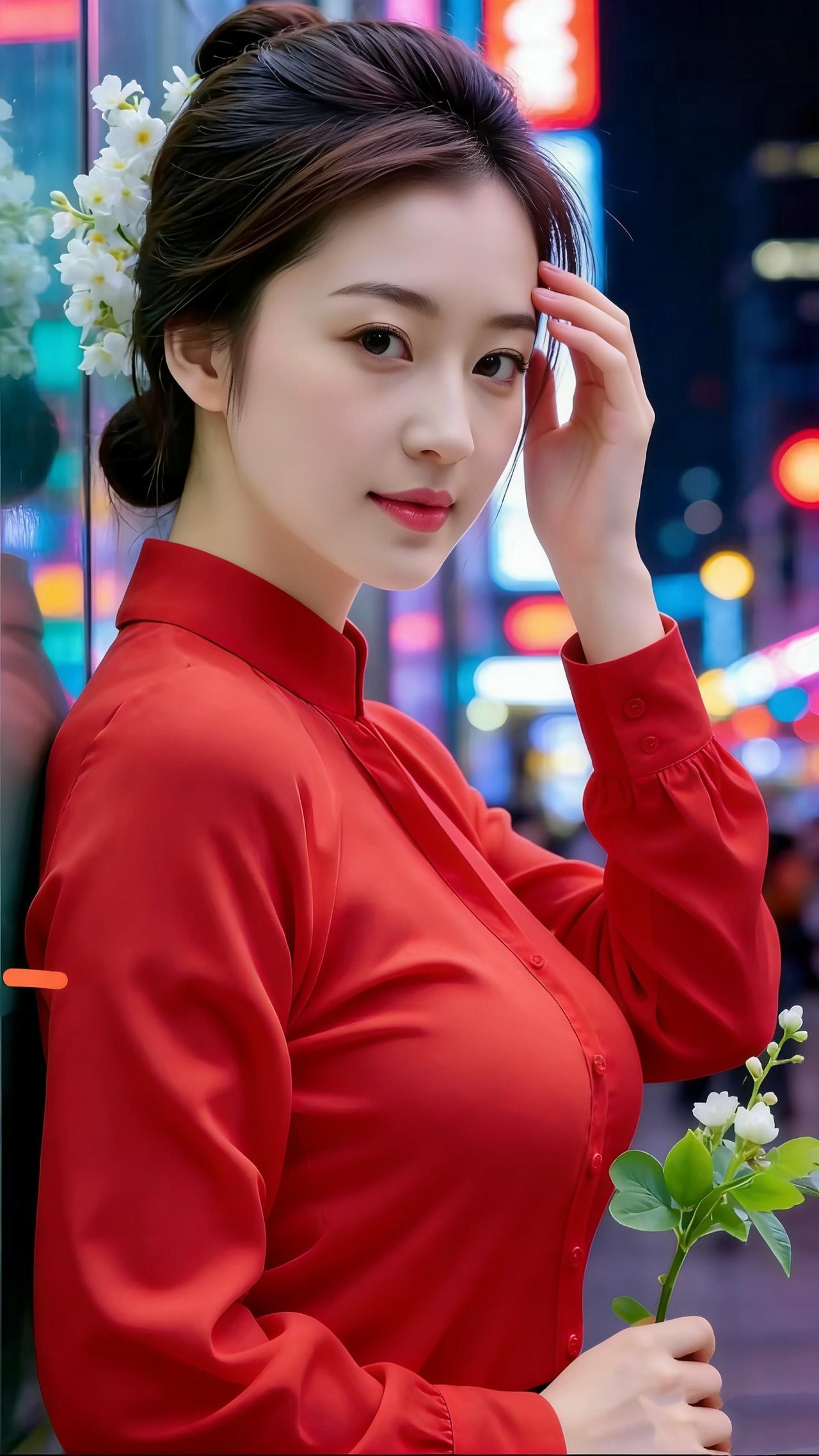 《红衫伴夜，花缀霓虹》
 
夜色漫过街巷，霓虹揉作碎光裹在风里，她立在光晕旁，像