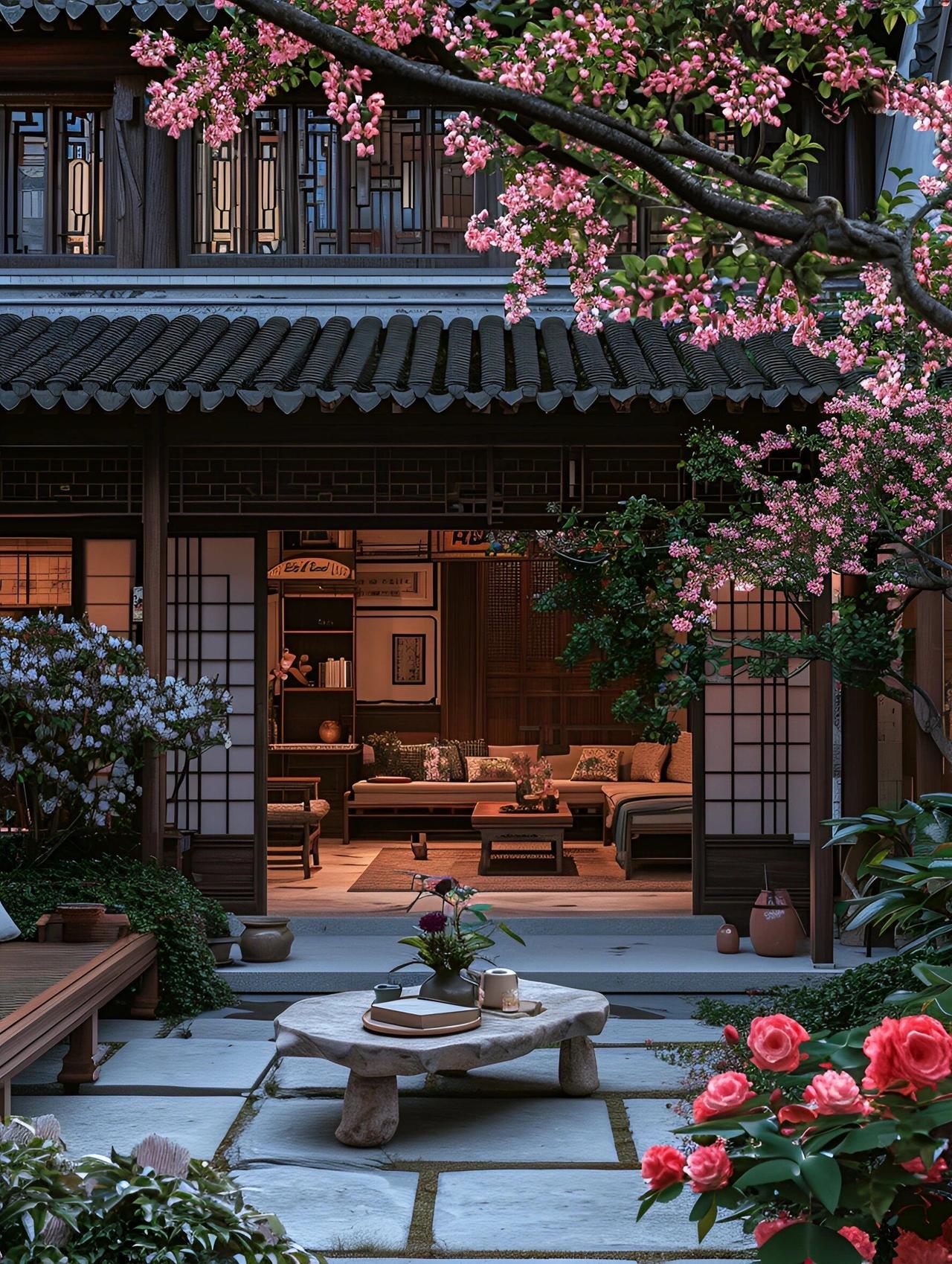 上联：闲居雅院现花落，
下联：静坐华堂听雨声，
下联：漫卷诗书待月明。