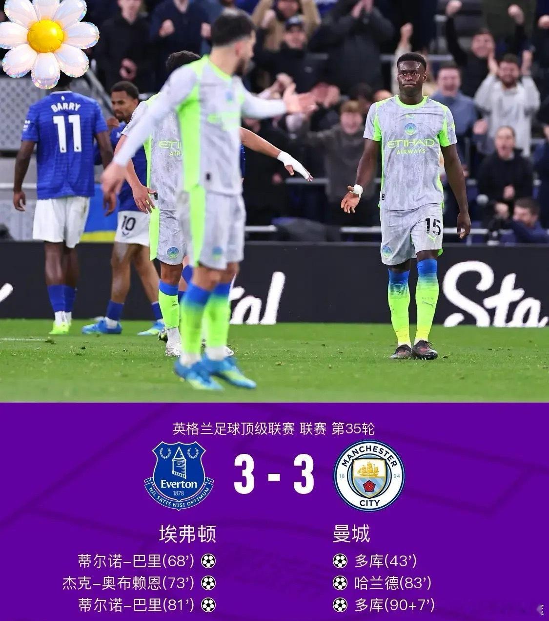 足球 北京时间5月5日英格兰足球顶级联赛第35轮，埃弗顿主场对阵曼城。上半场，谢