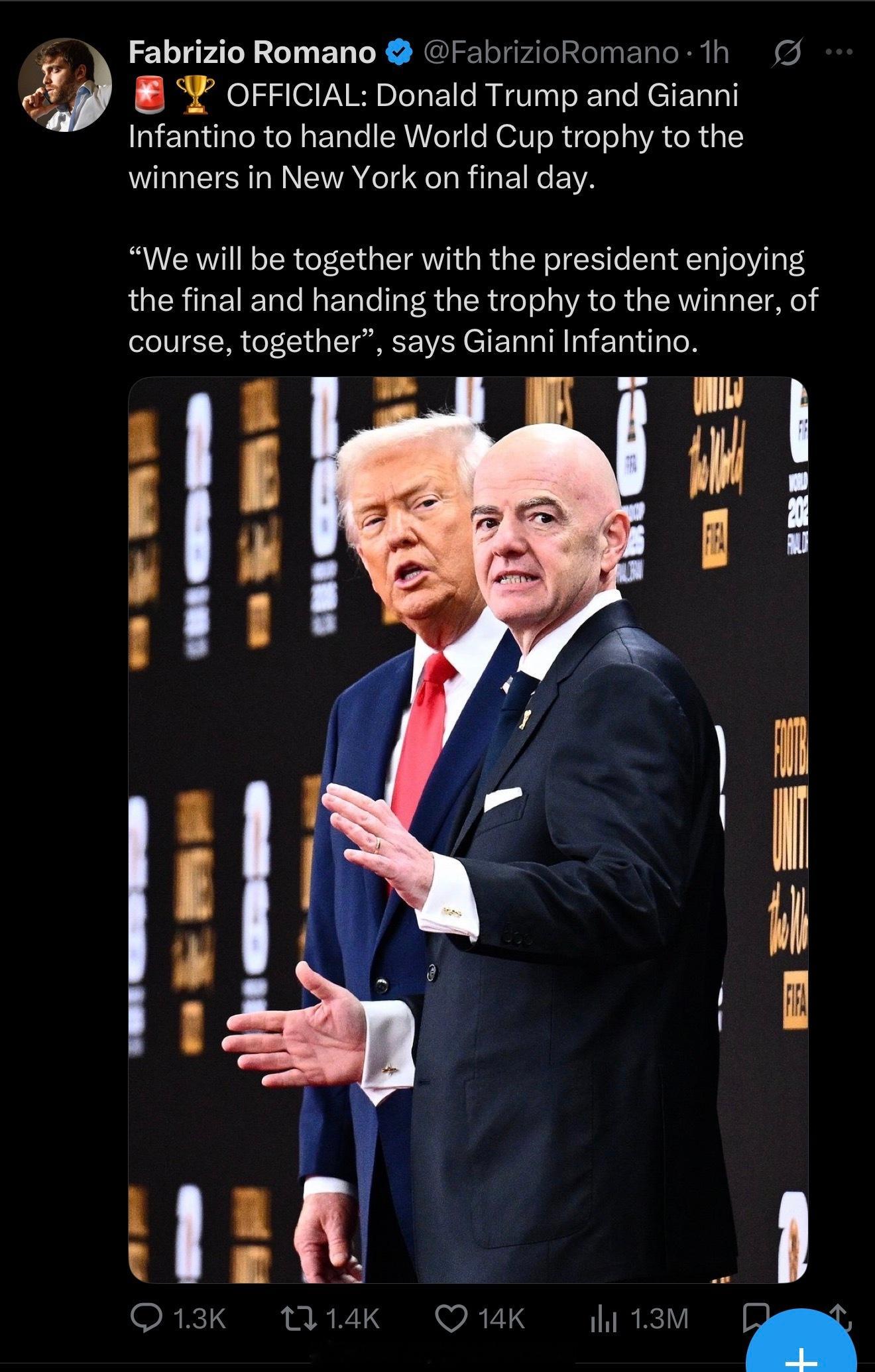 世界杯冠军奖杯将由美国总统川普和因凡蒂诺一起颁发 