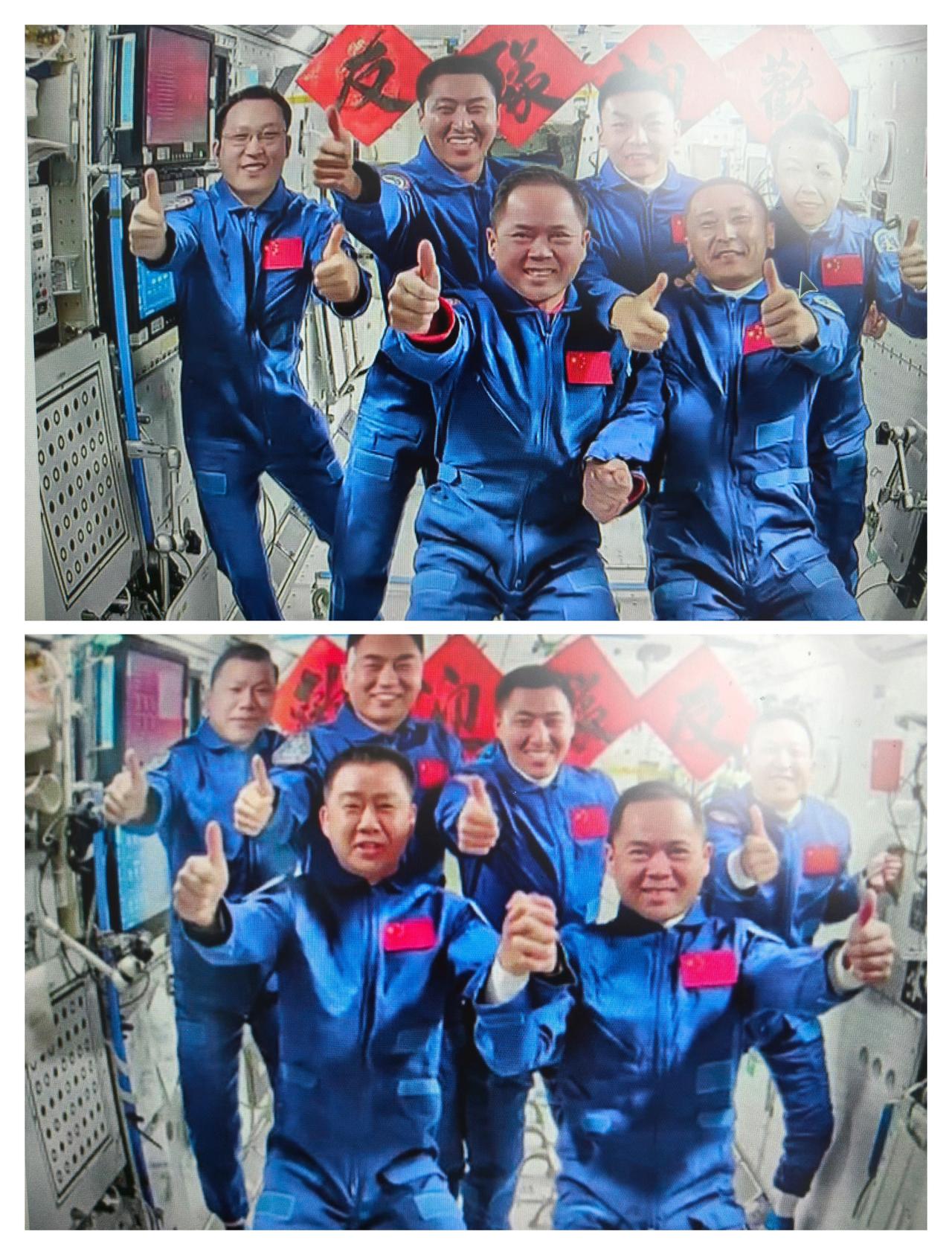 看到这两张照片中的21号乘组三位的熟悉面孔，惊讶他们的发型没有太大变化？
难道在