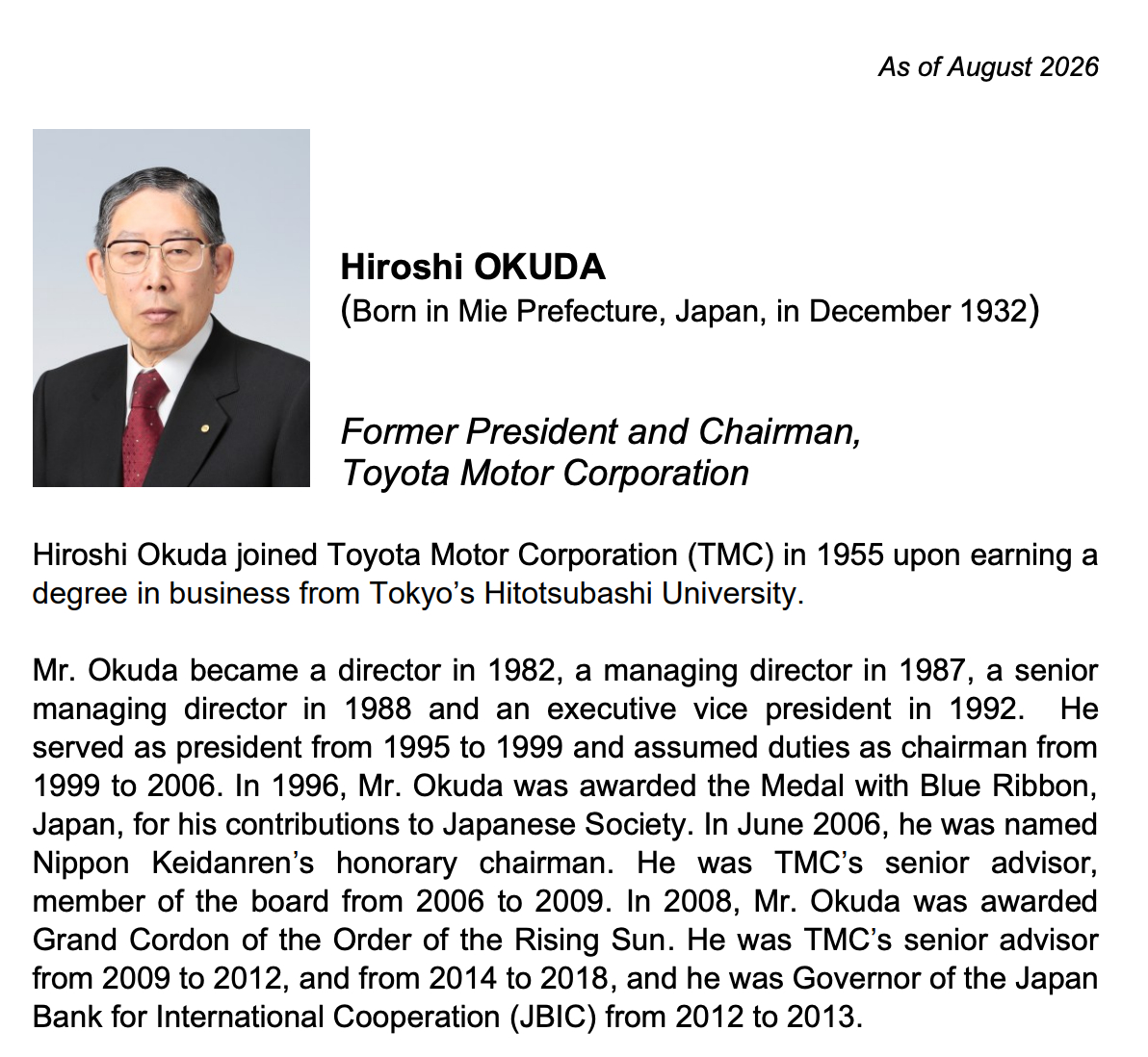 丰田汽车对外宣布，丰田汽车前社长、董事长奥田硕于8月8日离世，享年93岁。 