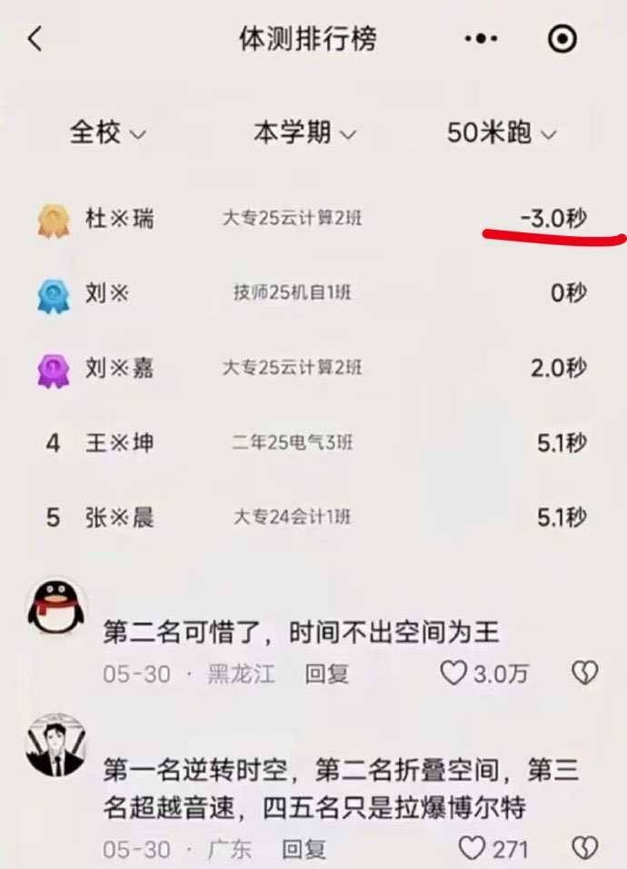 你说怎么把50米跑出负三秒的成绩的？？ ​​​