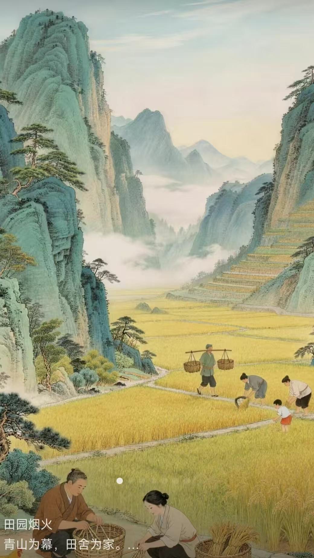 塞鸿秋·田园秋兴 
青山作幕田舍家，
春繁秋稻浪如沙。
鸡犬戏，稚子哗，
一粥一