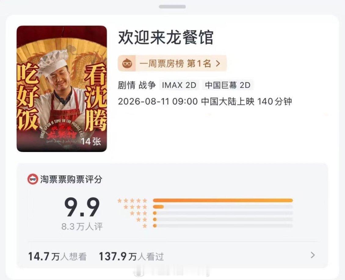 《欢迎来龙餐馆》淘票票评分9.9，见证历史了 