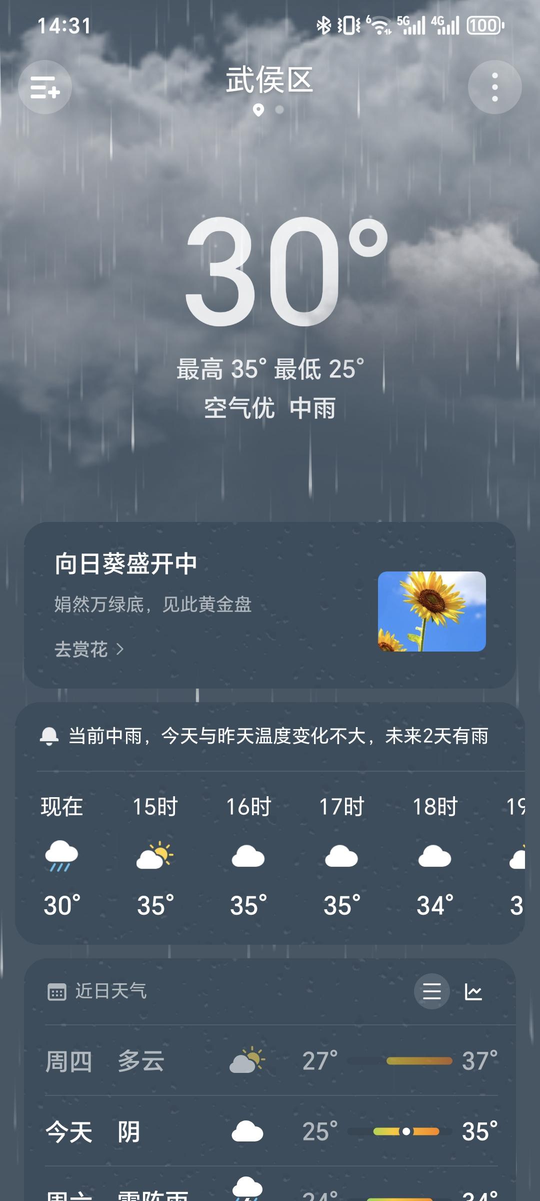 武侯区今日阵雨突袭，气温依旧居高不下，雨中闷热潮气扑面而来。骤雨难消盛夏燥热，忽