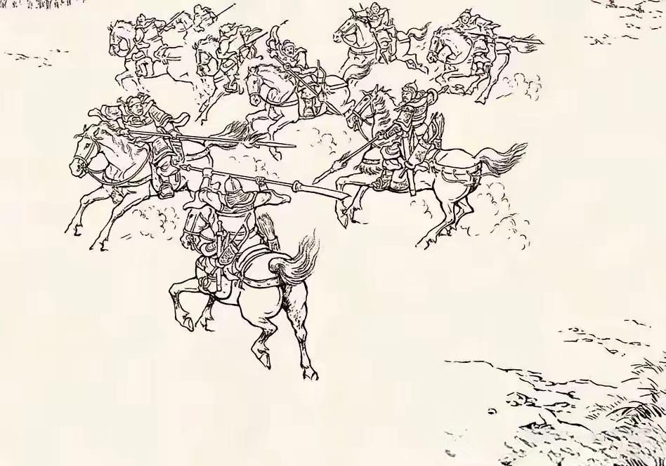 一个打八个。战场上，烟尘滚滚。一员大将单枪匹马立于阵前，八将敌将呈扇形...