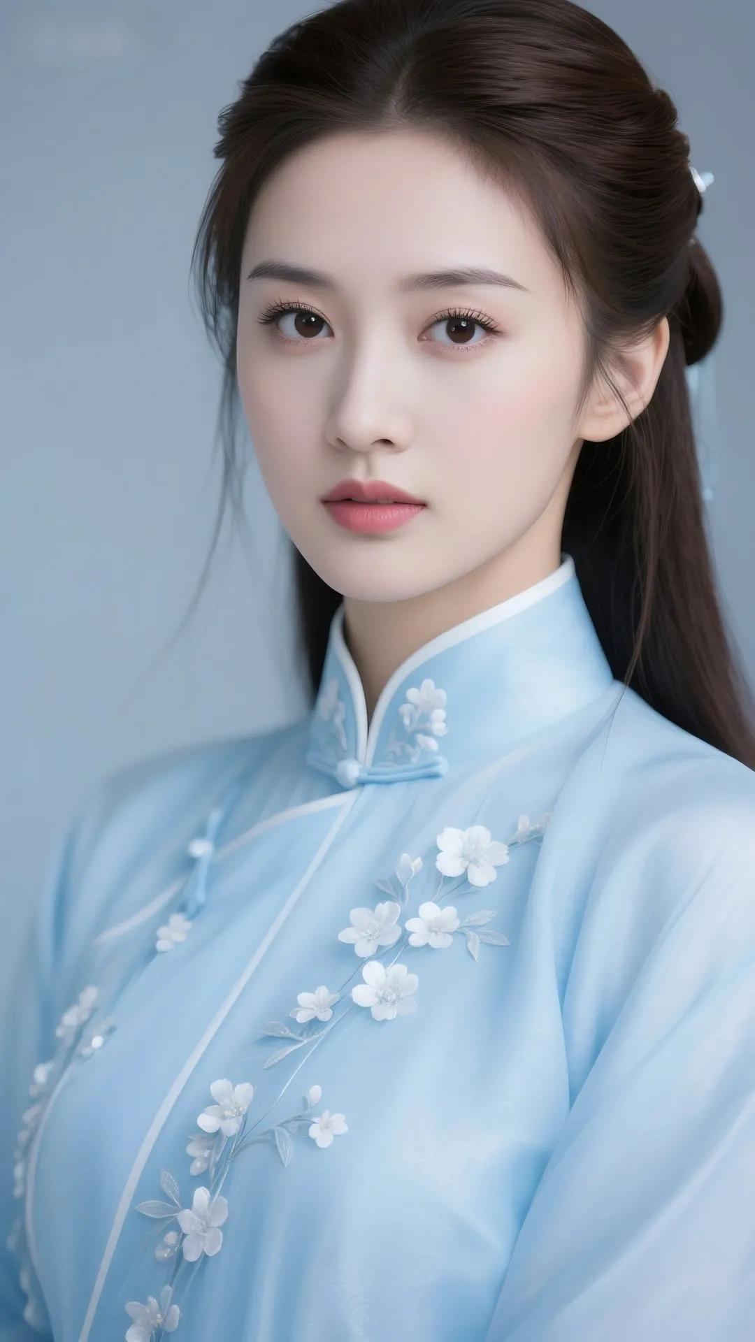 古典美女，蓝衣花饰，温婉动人