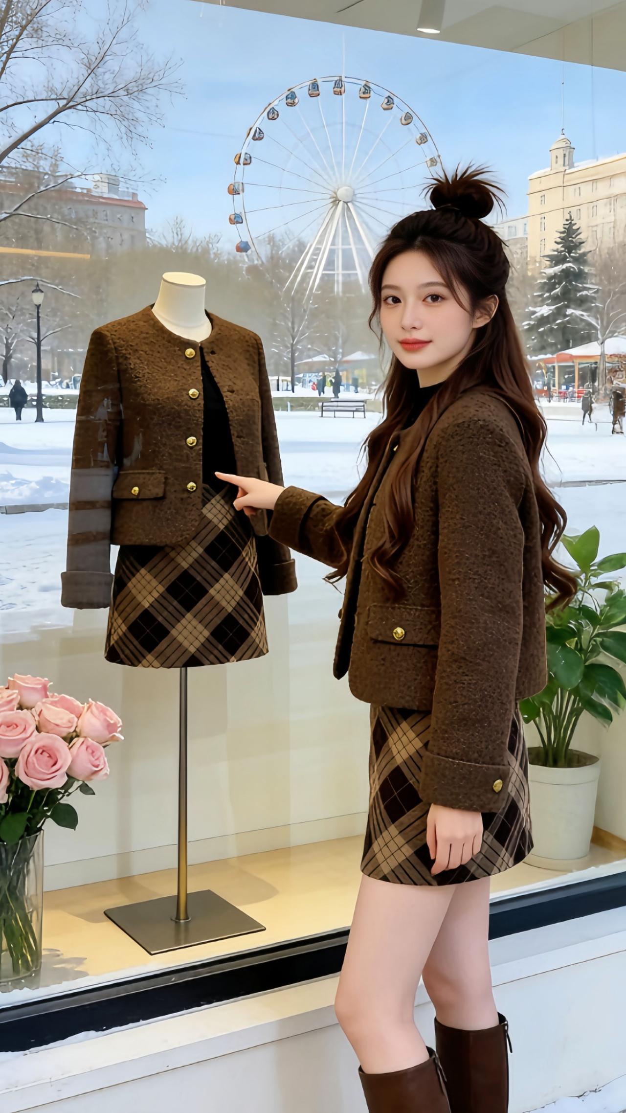 冬日的欧式街头也太适合穿这套咖色套装了吧！橱窗边一眼看中的复古小香风外套配菱格半