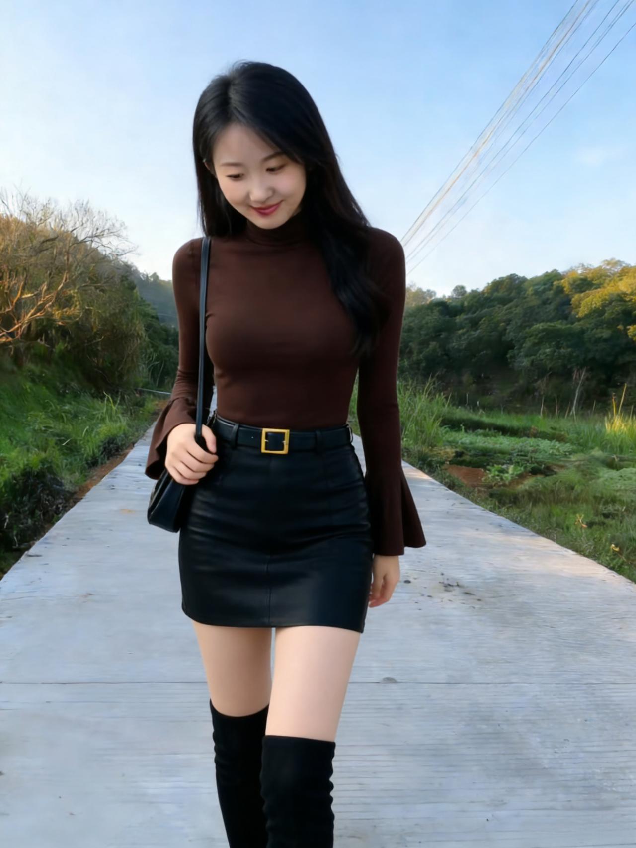 低眉凝软景，抬步踏清风。
影落草萋萋，霞飞鬓角红。