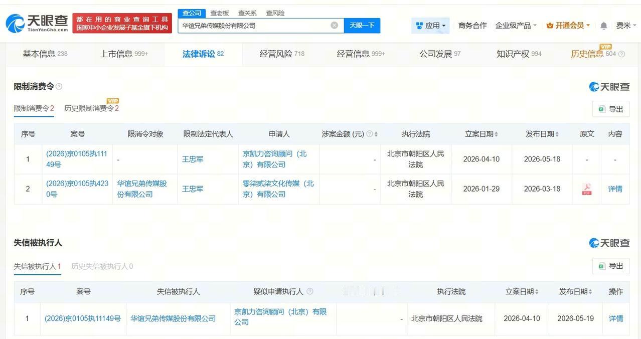 华谊兄弟因60万案款成老赖

华谊兄弟因60万案款被限消
天眼查法律诉讼信息显示
