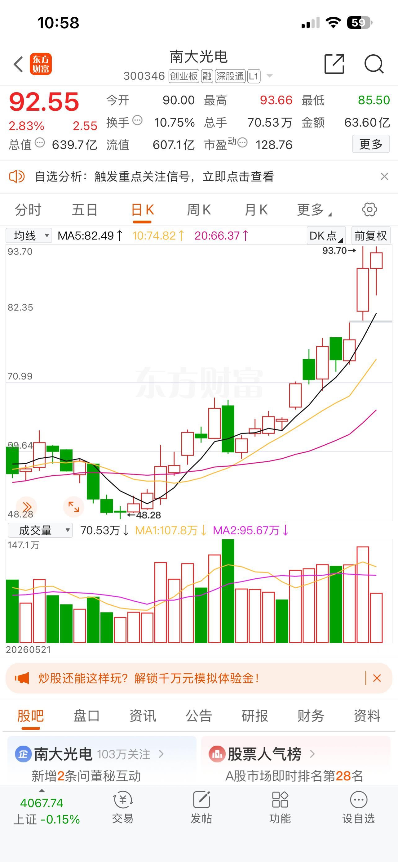 南大光电📈👏👏👏，谷嘉突破93+ 
