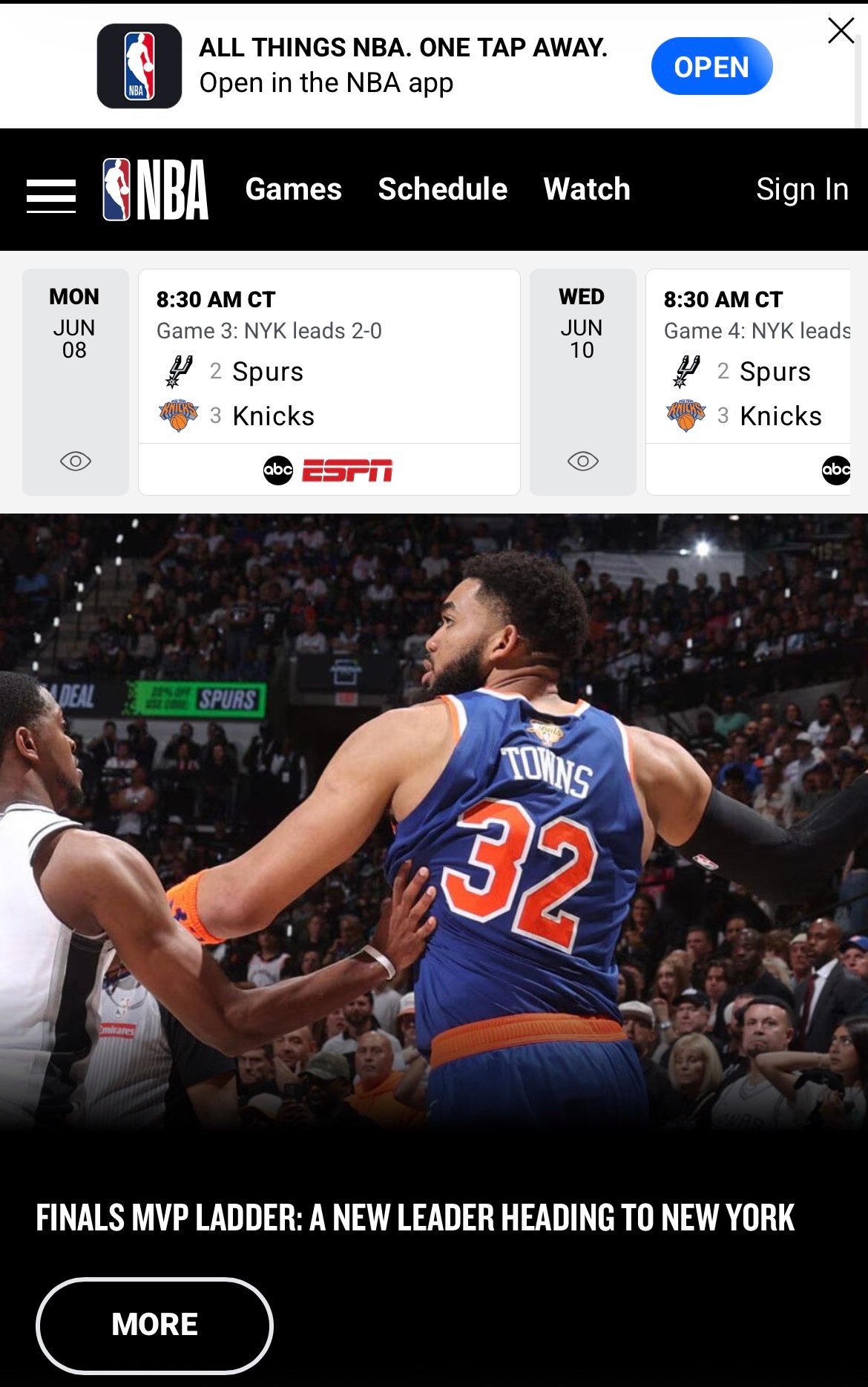 NBA官网更新FMVP榜单：唐斯升至首位1.唐斯2.布伦森3.文班亚马4.哈珀5