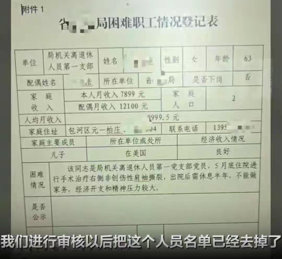 “月收入为7899元，配偶月收入为12100元”，家庭收入月入2万申请困难职工慰