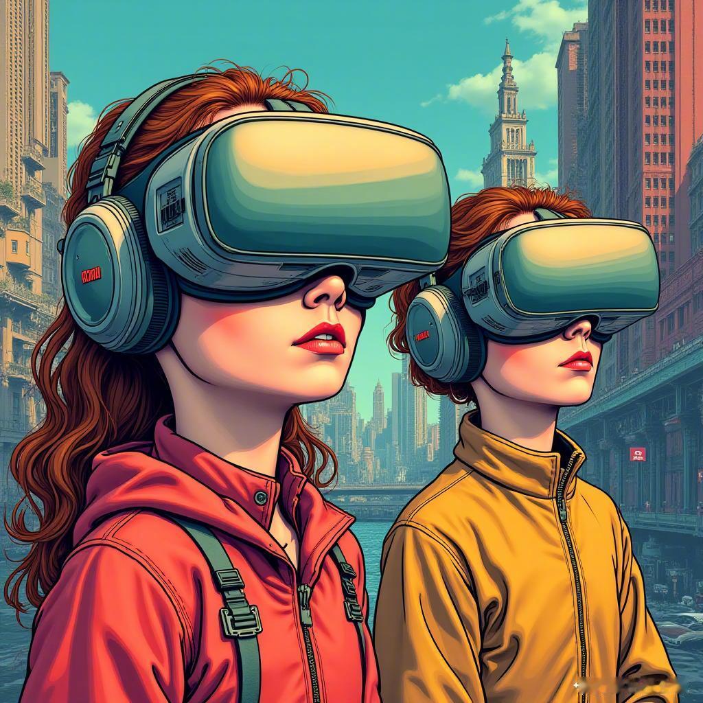 虚拟的梦境，古典与未来交织。色彩斑斓，科技的幻想如烟花绽放。每一个角落都藏着故事