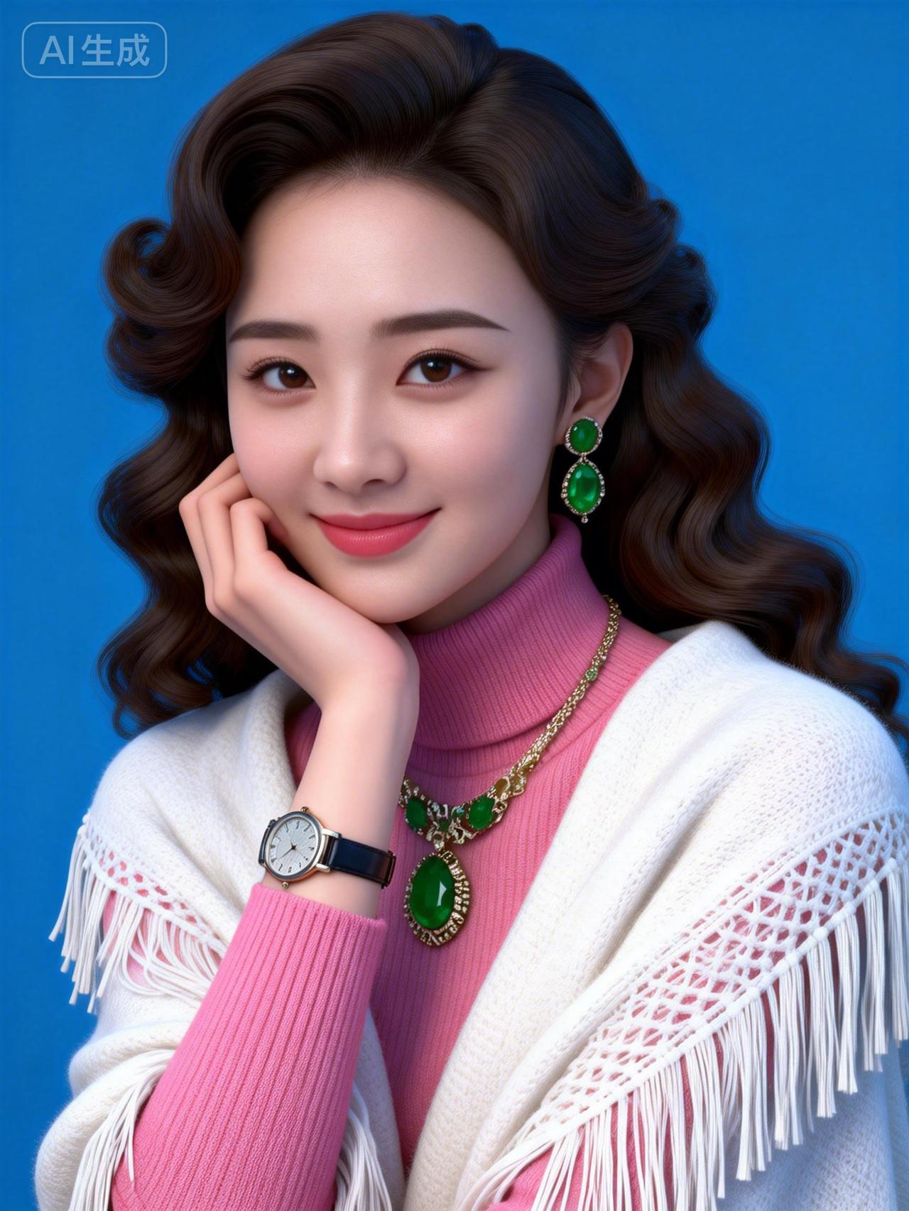 蓝底凝芳韵，粉衫藏温柔
​
卷发裁云影，翠珰映笑颦