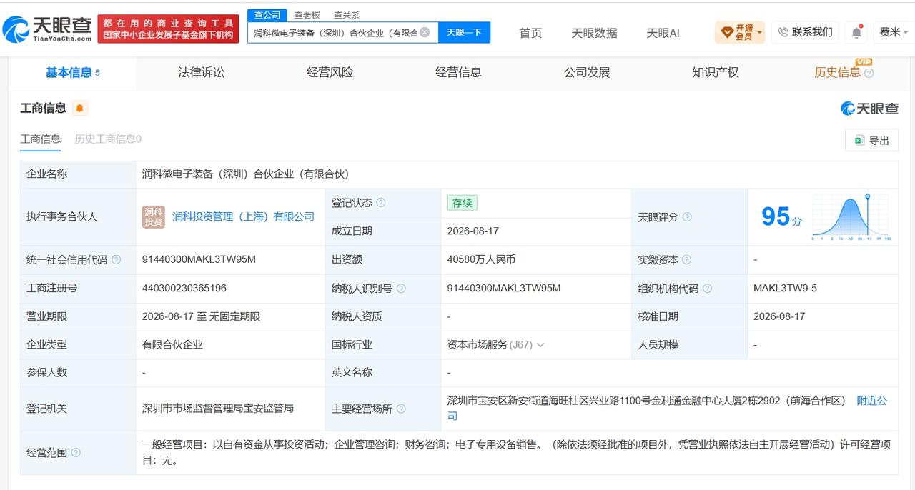 【国信证券、华福证券等在深圳成立微电子装备合伙企业 出资额约4.1亿】
天眼查A
