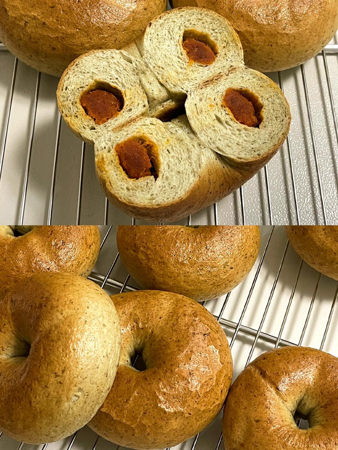 深夜治愈系烘焙🥯黑麦海苔辣松贝果，香喷喷