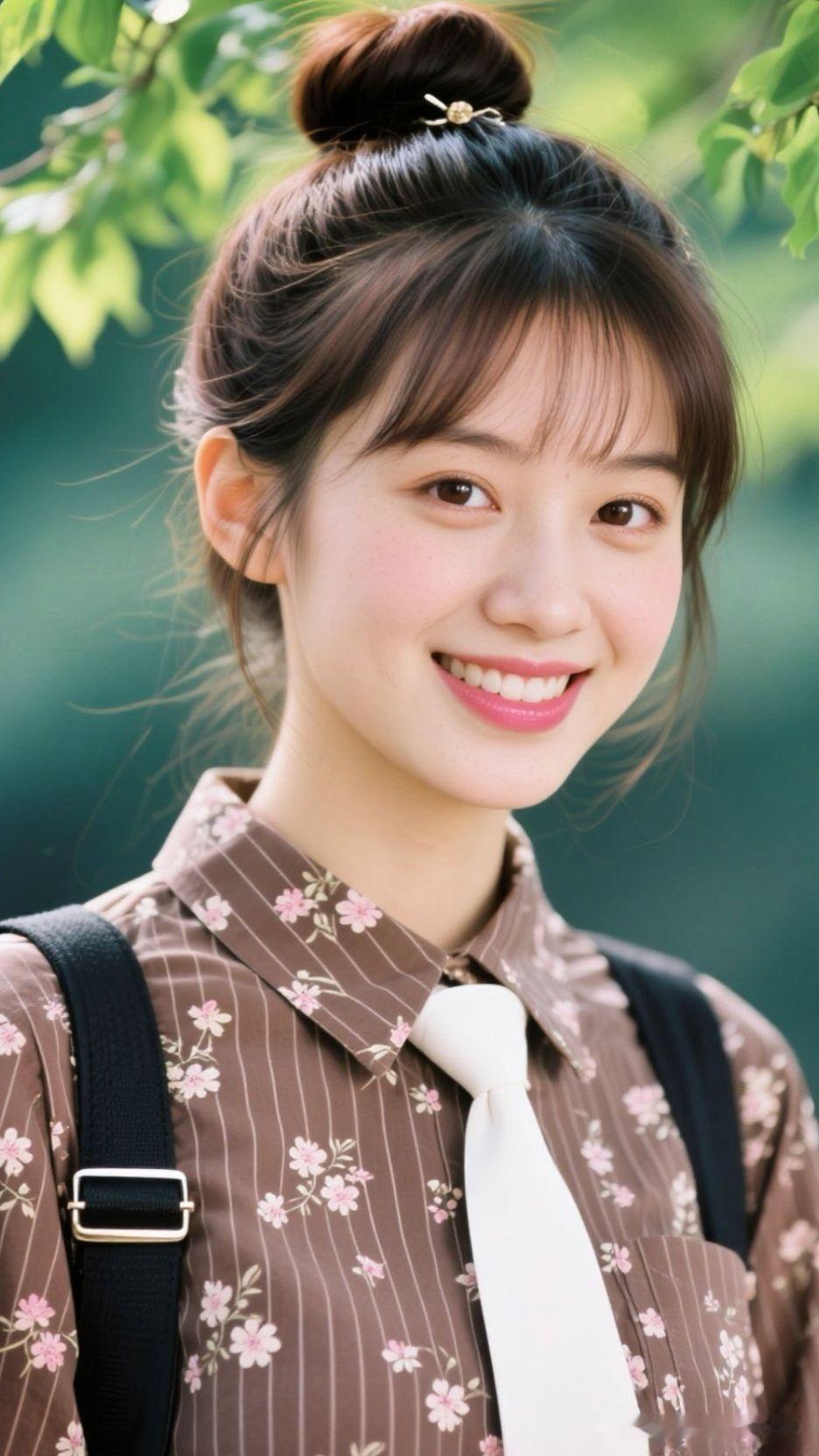 ✨ 绿意织成的背景里，碎花与背带谱成青春的诗，笑起来时，光阴都变得轻盈。少女感衬
