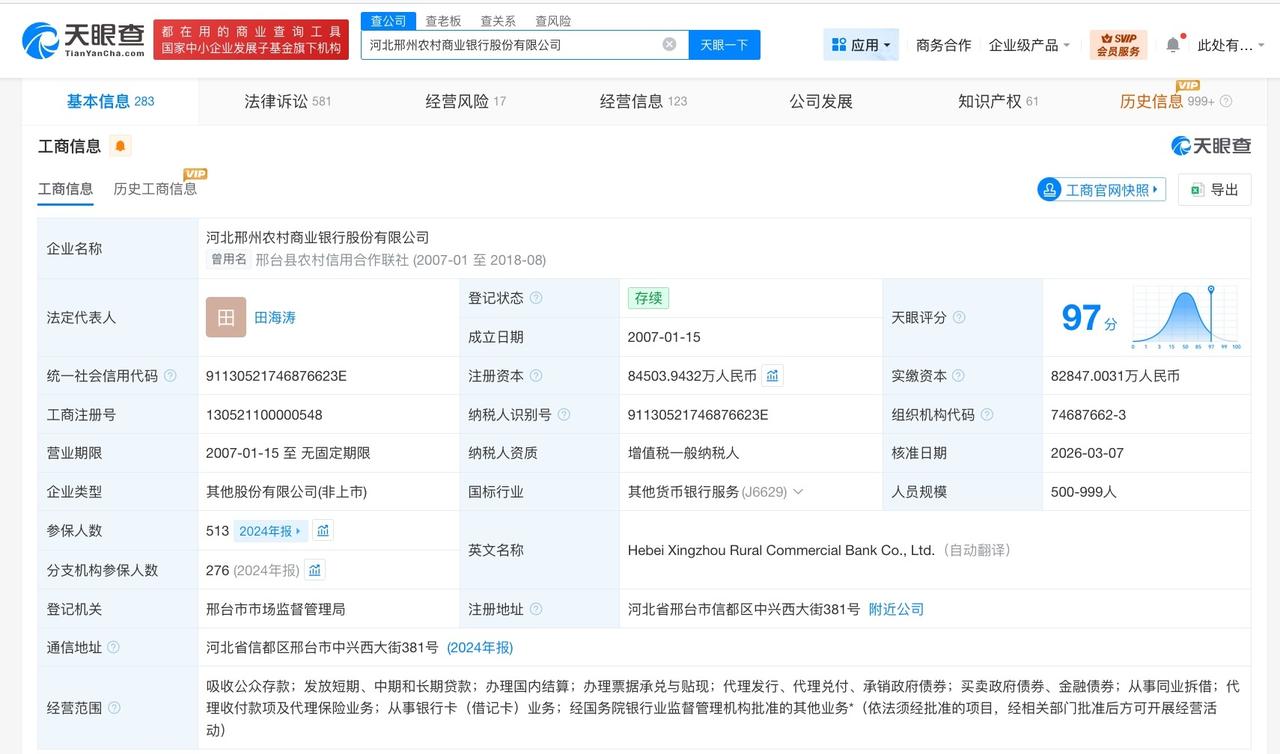 邢州农商银行增资至约8.45亿

天眼查工商信息显示，近日，河北邢州农村商业银行