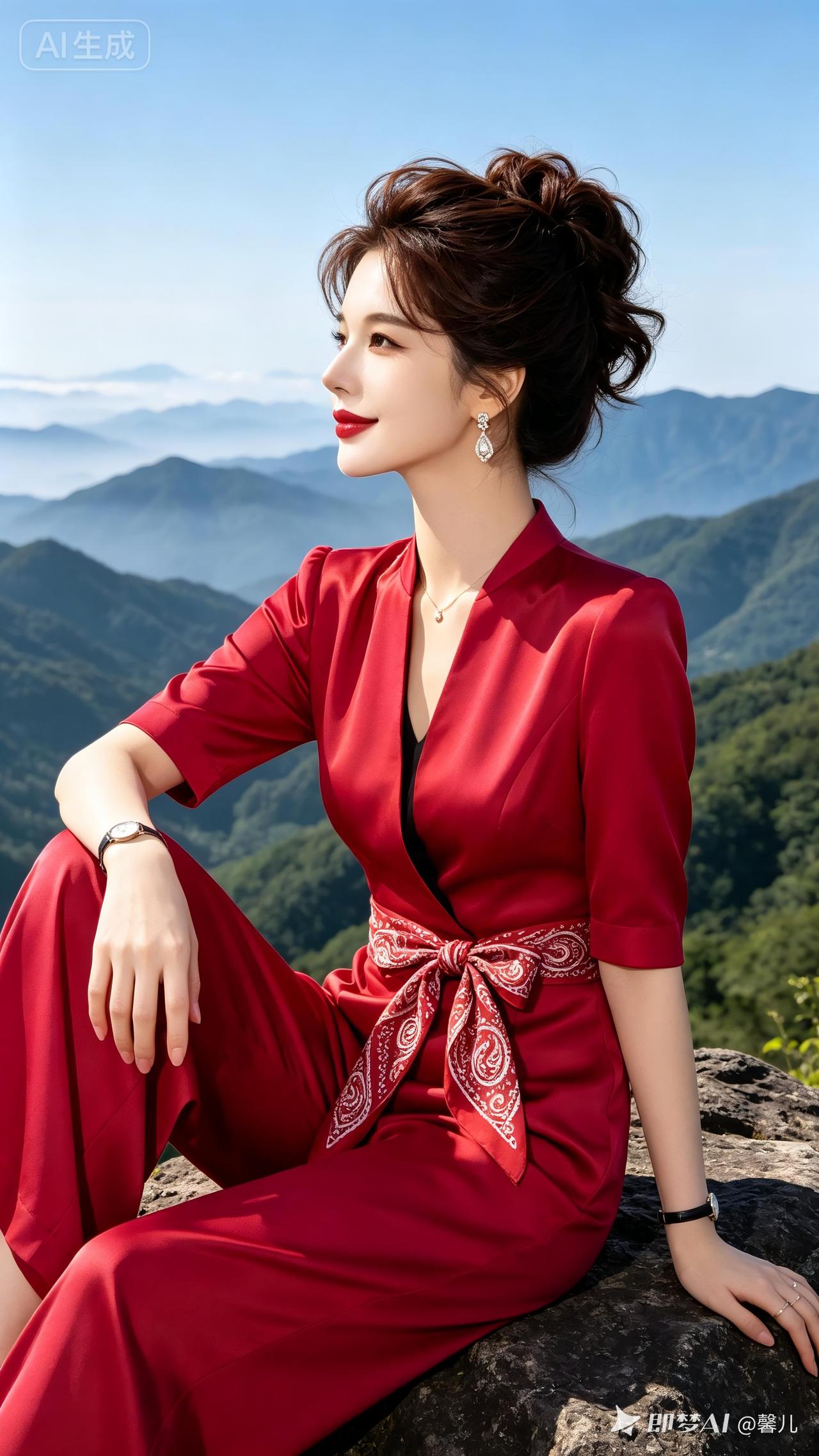 高束深棕大波浪，淡妆红唇搭配细锁骨链与简约腕表，红缎面连体裤系腰果花丝巾，女子倚