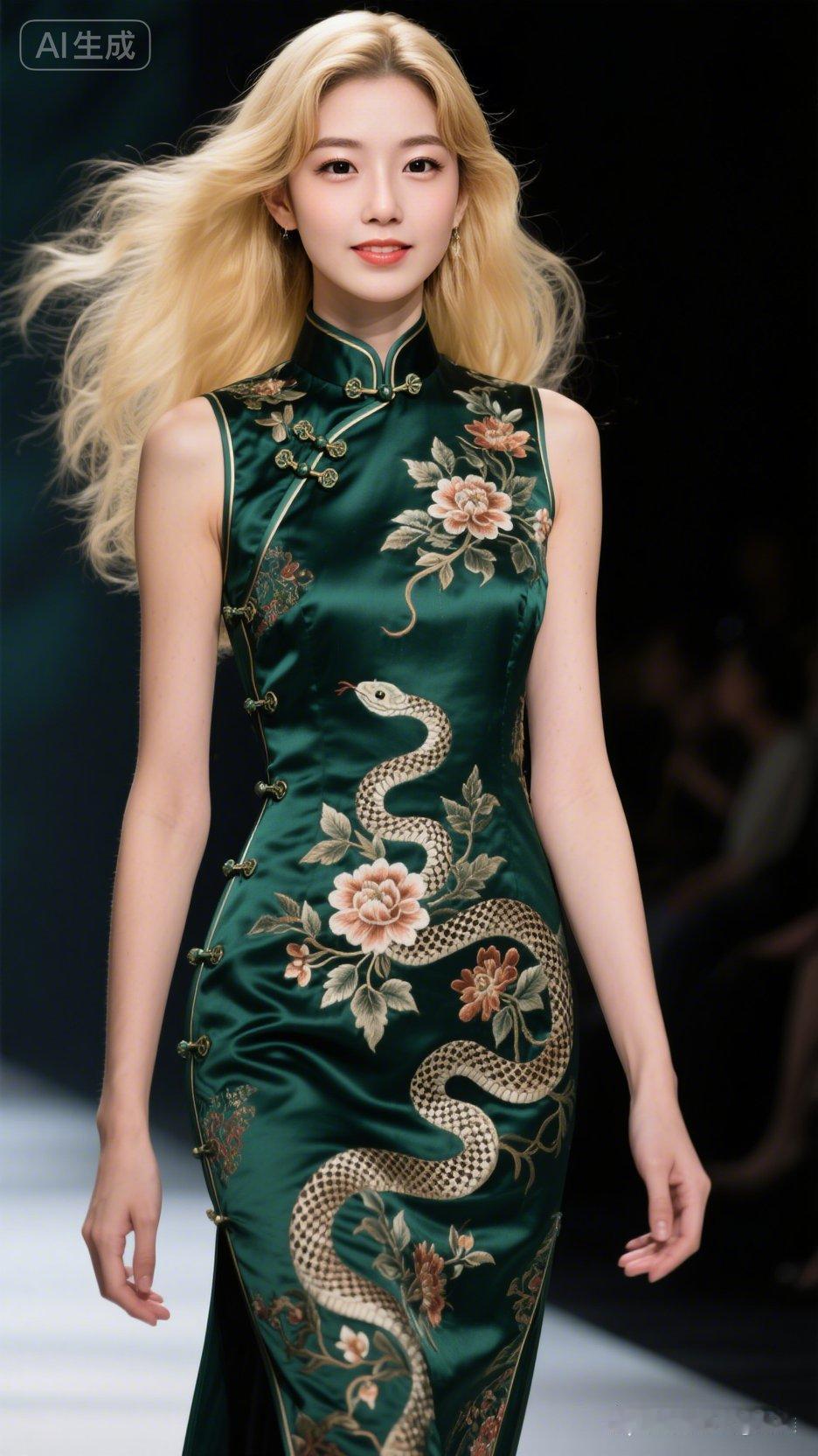 惊艳的东方韵味，绿蛇刺绣旗袍，尽显优雅与神秘。