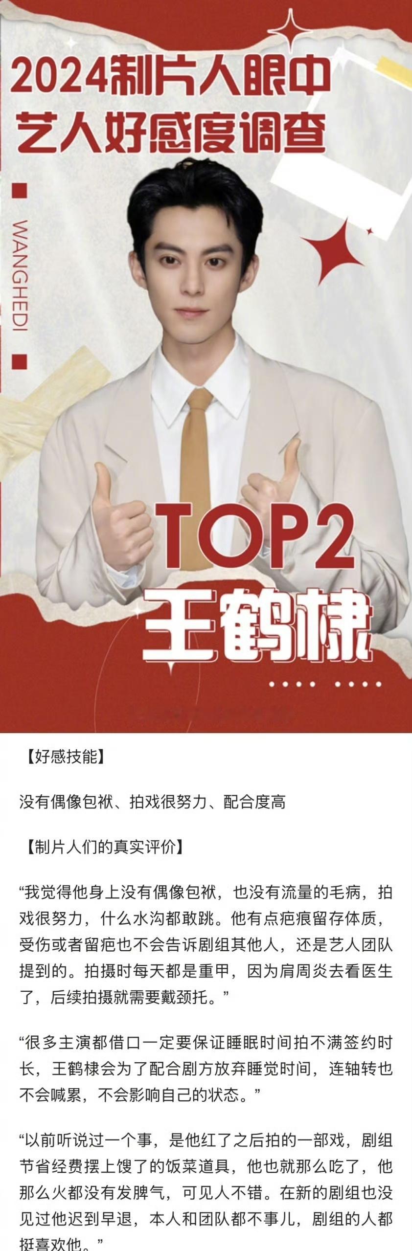 王鹤棣连续三年媒体艺人好感度TOP 