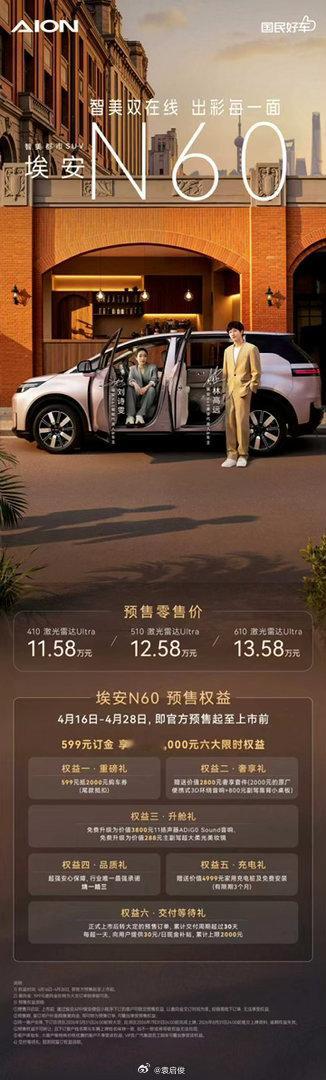 埃安AION N60预售11.58-13.58万，离谱的是全系激光雷达，且这套辅