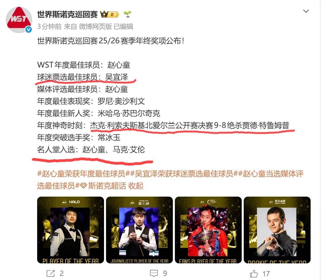 世界斯诺克巡回赛公布25/26赛季年度奖项。
赵心童包揽三项大奖，吴宜泽获得“球