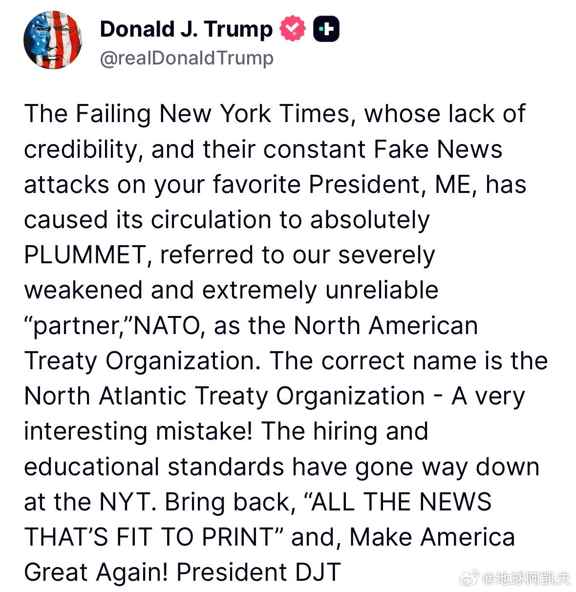 ‼️特朗普：“失败的《纽约时报》，由于其缺乏可信度，以及他们对你最喜欢的总统——