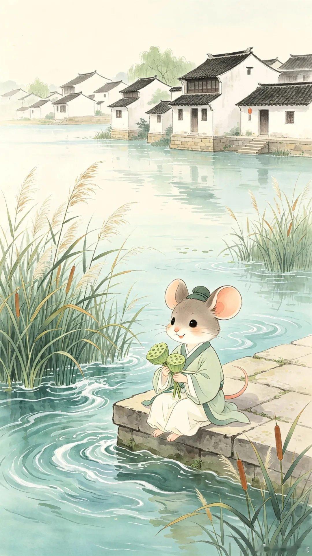 江南水乡古镇～抱莲蓬汉服生肖治愈系壁纸 