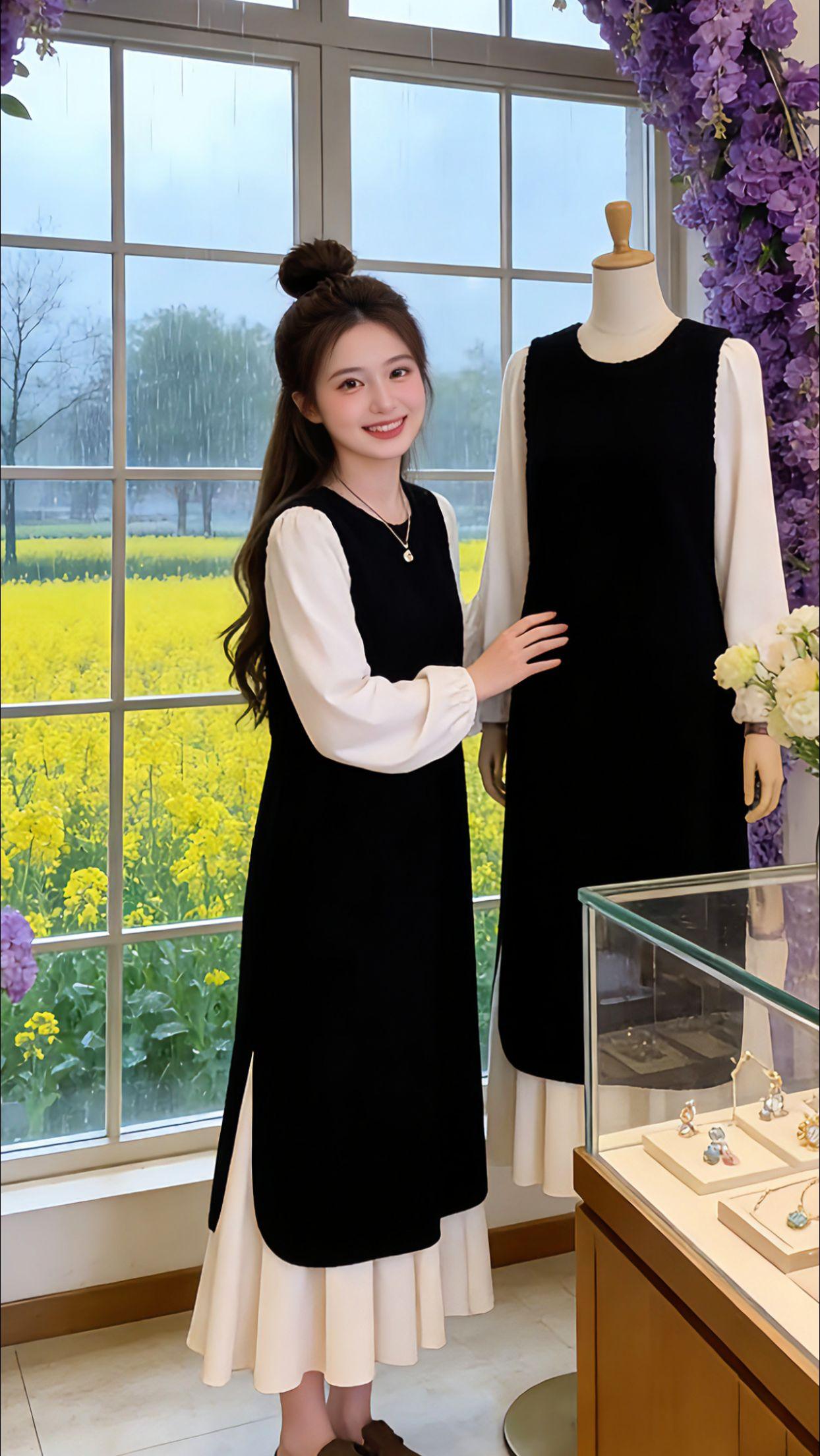 春日的油菜花田与文艺小店，成了Danny的穿搭秀场。这套黑白连衣裙套装，宽松版型