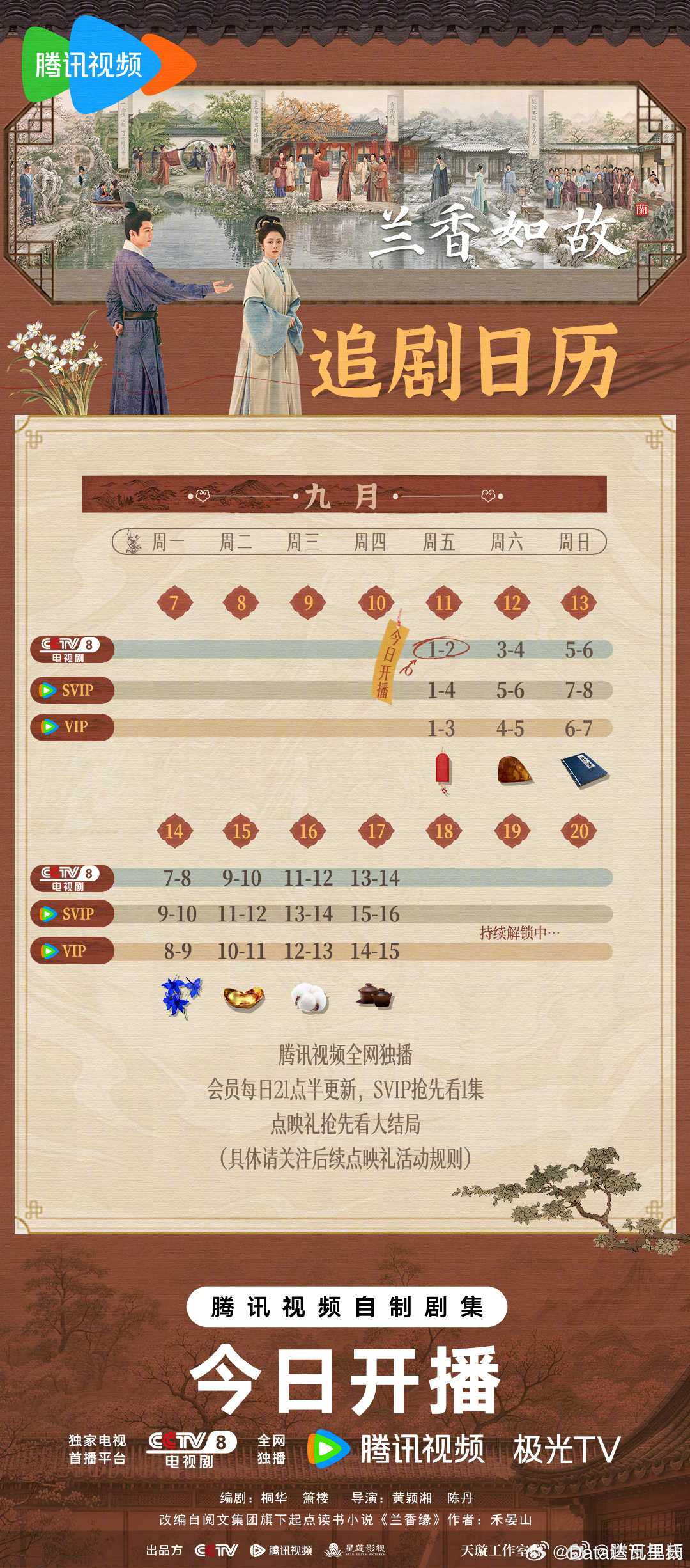 谭松韵、刘学义兰香如故追剧日历因为是央八次黄，所以腾讯视频首日也是21：30开播