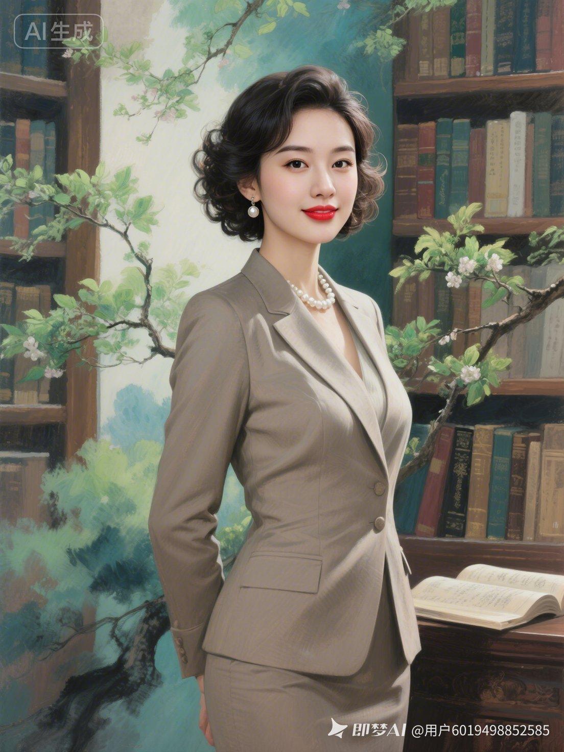 成功女性烫短卷发古风造型，光影层次细腻浓郁。身着职业装，气质冷艳高级，身处古雅藏