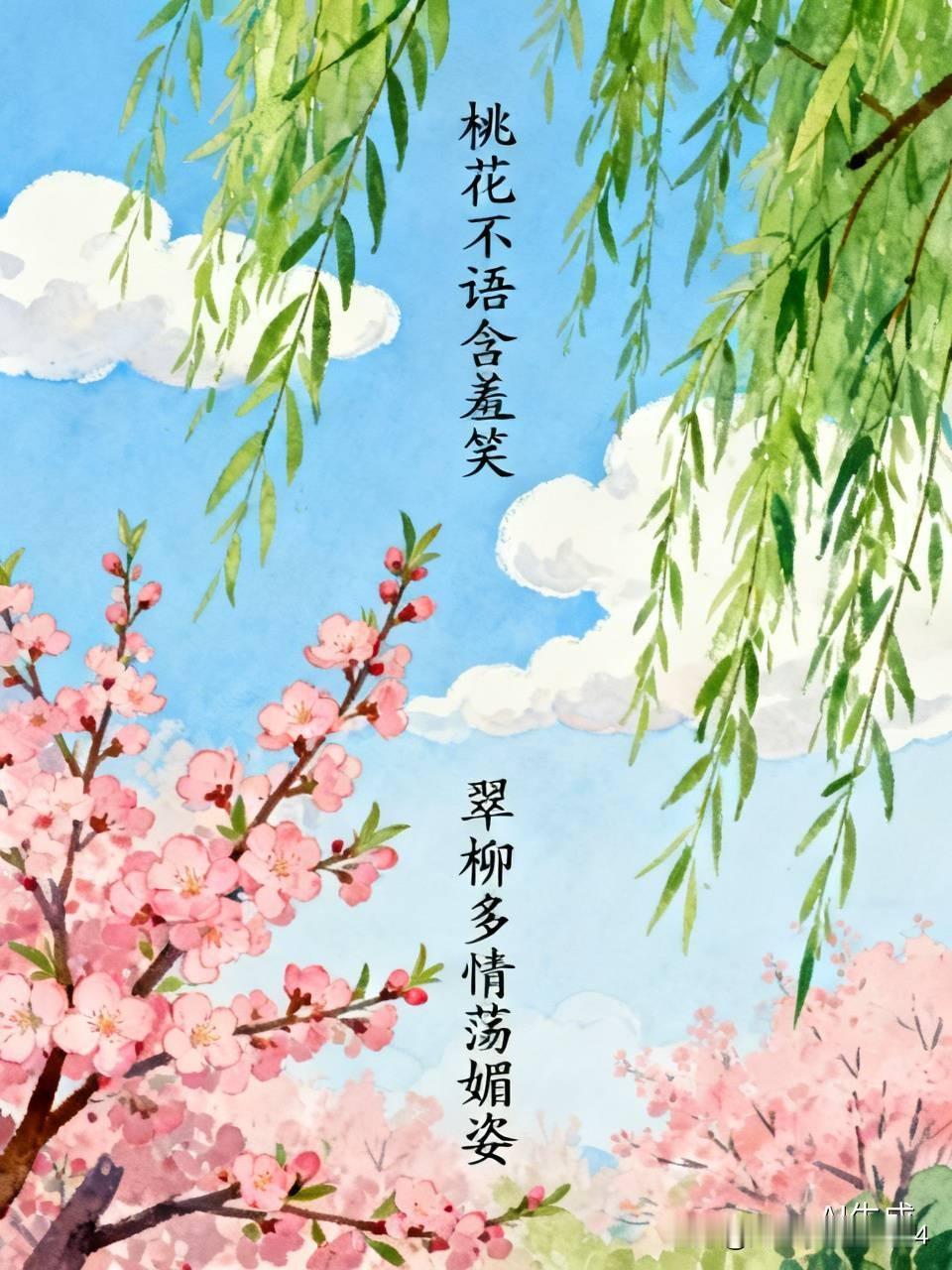 上联:桃花不语含羞笑，邀君赐下联，翠柳多情荡媚姿！[微风]