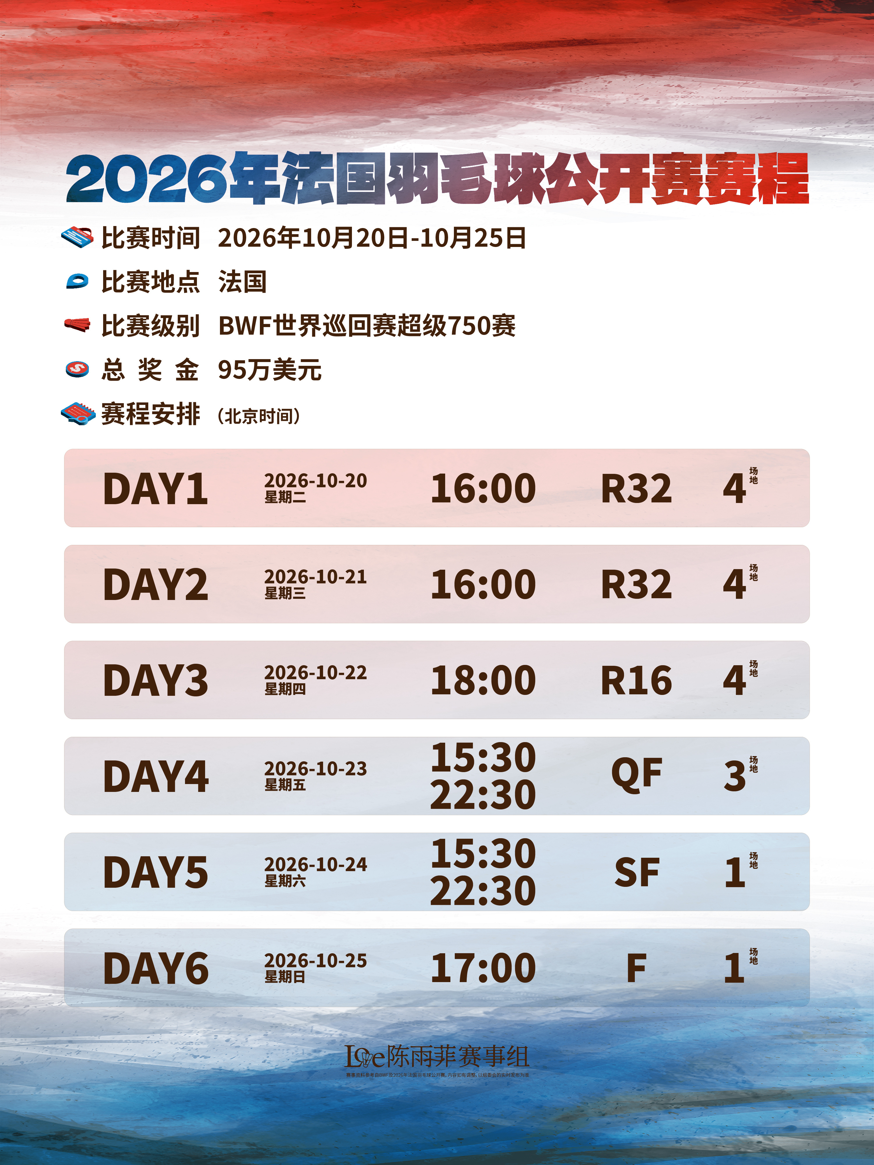陈雨菲 [兔子] 赛事资讯 2026年法国羽毛球公开赛（super750）比赛时