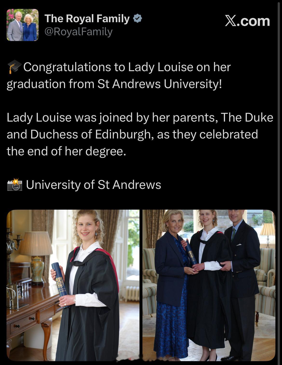 英国王室  白金汉宫刚刚发文分享Lady Louise Windsor和她的父母
