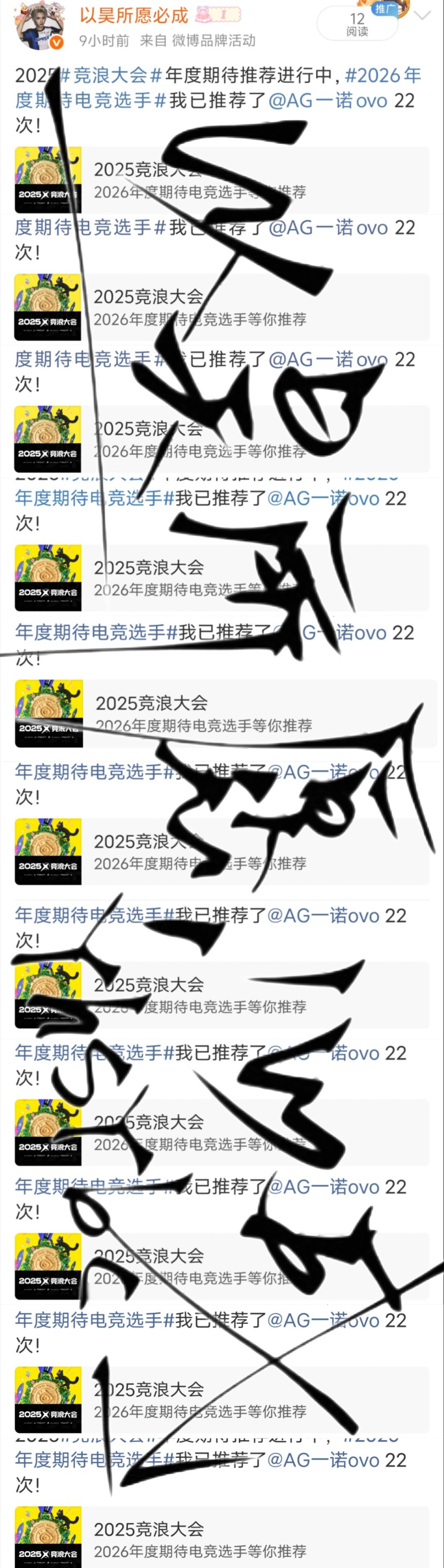 一诺xbc 2025竞浪大会年度期待电竞选手今日投票12.611*22=242 