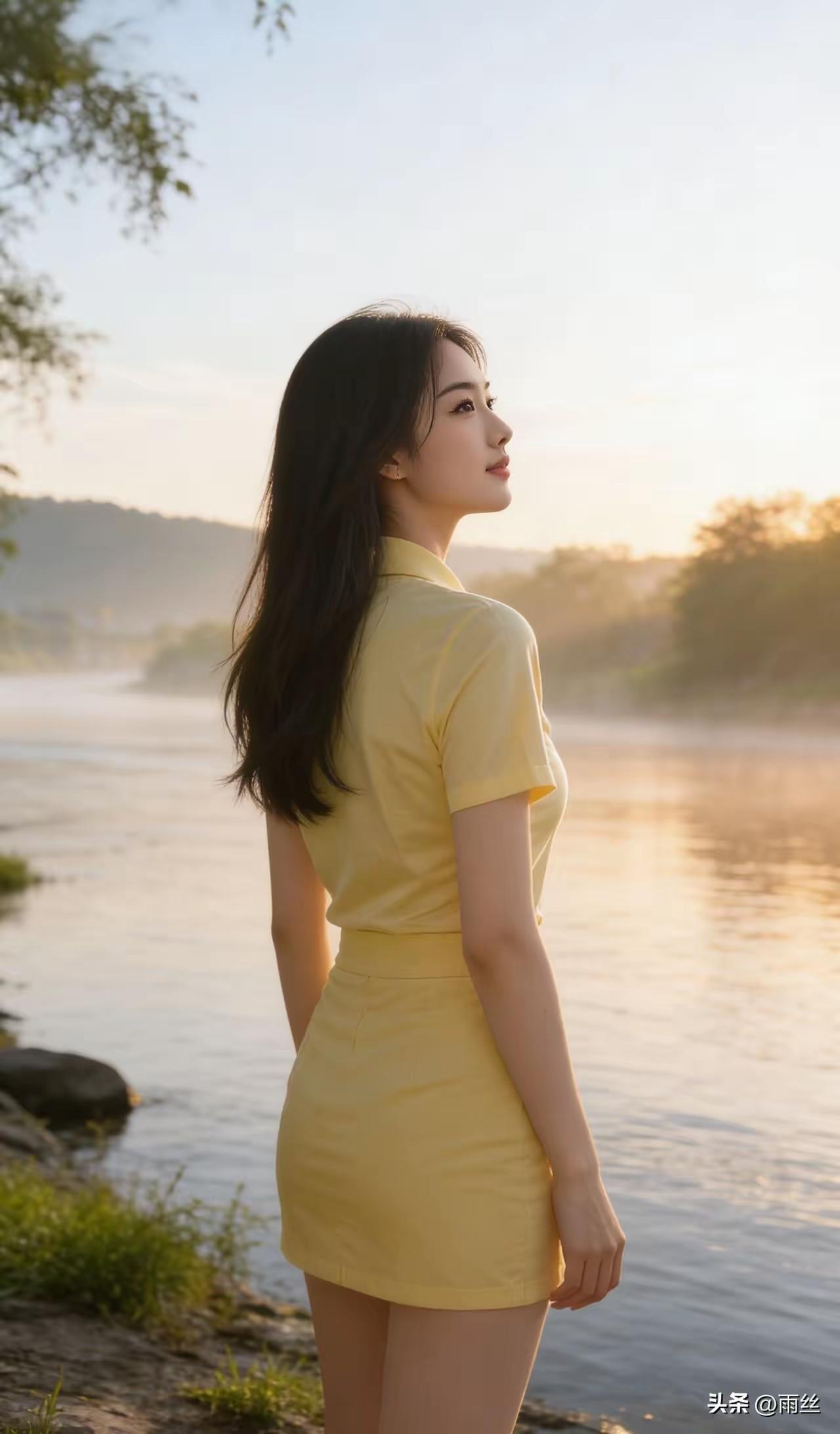 塞鸿秋·夕照河畔
金波漫染云水畔，
晚烟轻罩汀草软。
黄衫裁就霞光灿，
云鬟暗曳