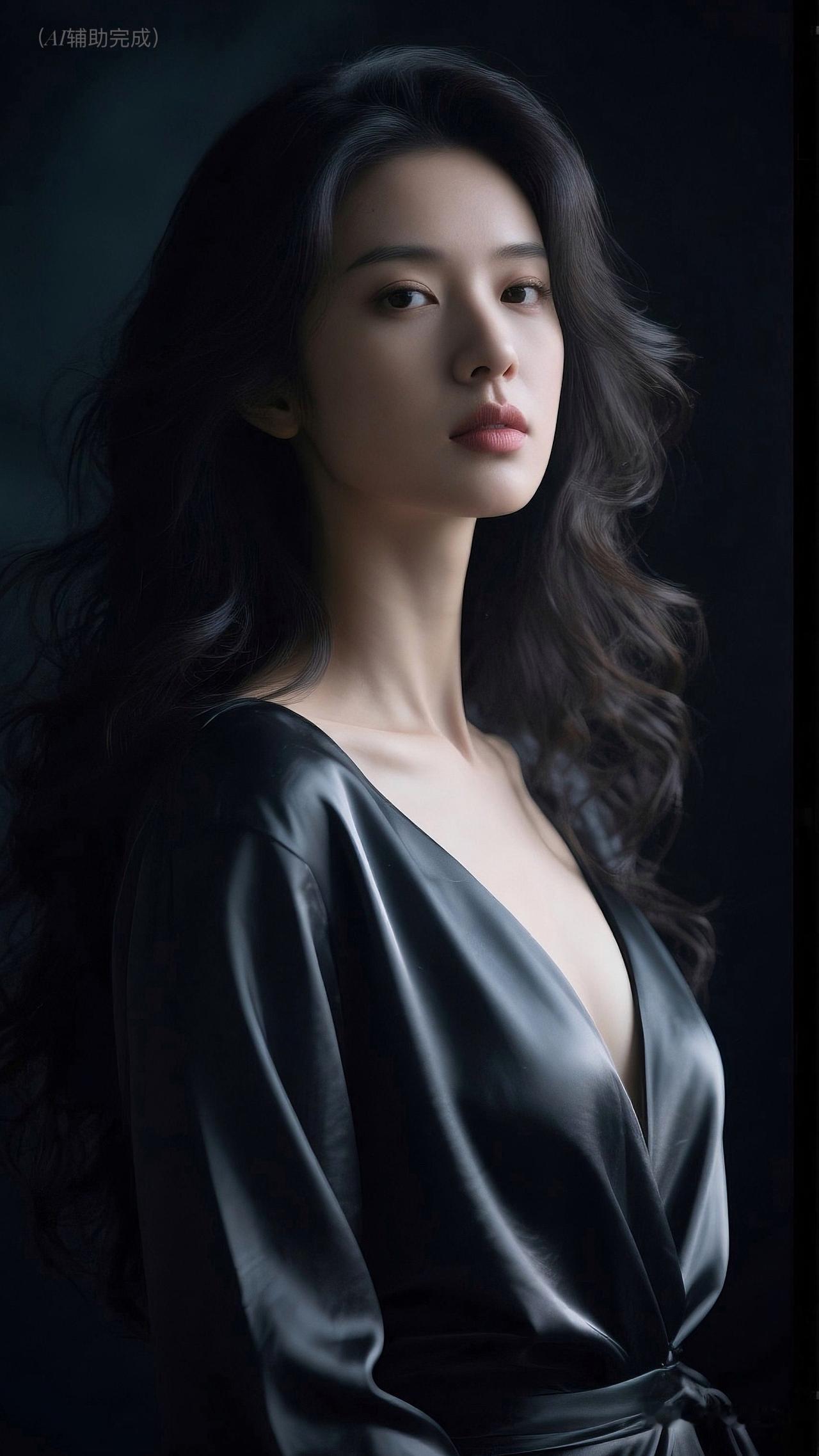 乌发卷曲垂肩泛柔光，深V绸缎裹身显雅韵。暗调背景衬红唇亮眼，柔光勾勒精致侧颜，眸