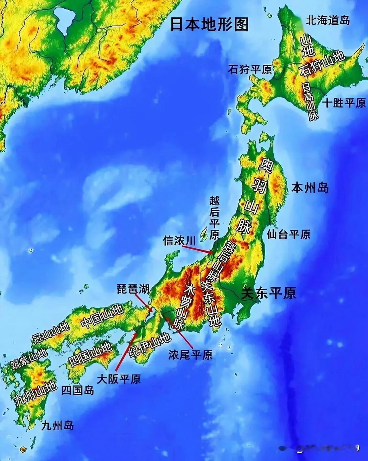 日本地形示意图，日本地形地貌别具特色，素有“地震之国”“火山之国”之称。日本以山