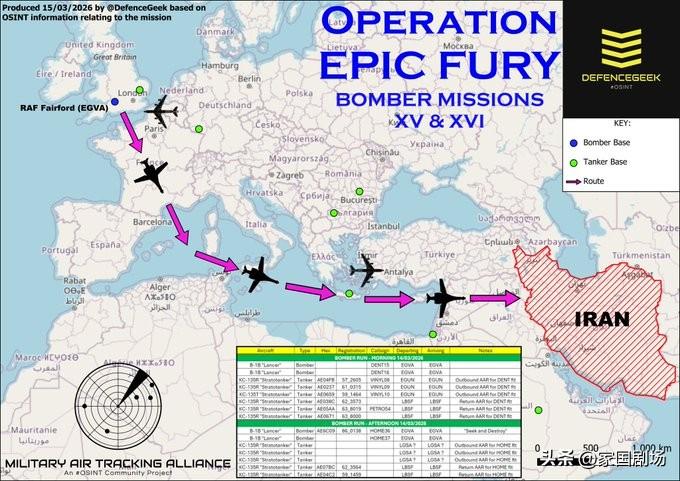 3月14日，和前一天相同，在12架次的KC-135R陪同下，4架次B-1B对伊朗