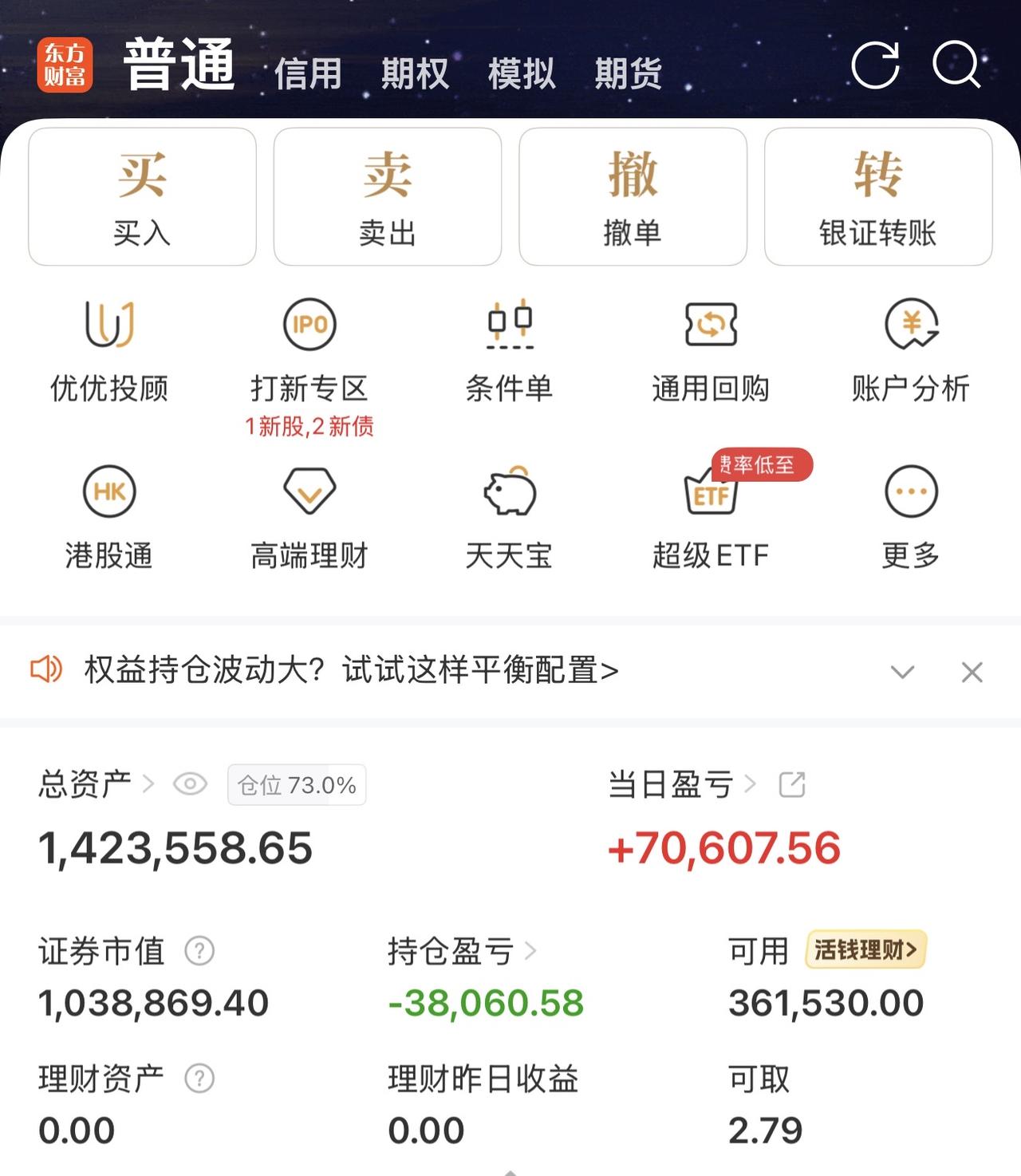 今天收盘看了一眼，盈利七万多，身边很多比我收益率好的，太多股票涨停了。当前股市究