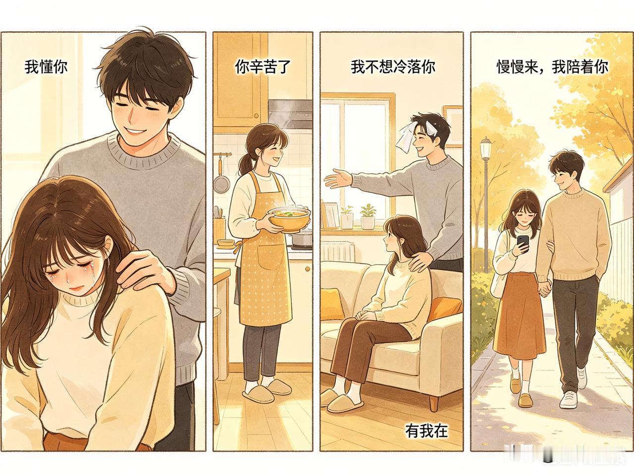 情人之间最温柔的话，不是那些花里胡哨的甜言蜜语。
情绪低落时，“我懂你”三个字，