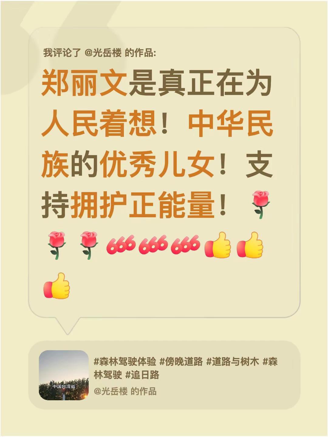 支持台湾郑丽文主席。我评论了@光岳楼 的作品：郑丽文是真正在为人民着想！中华民族