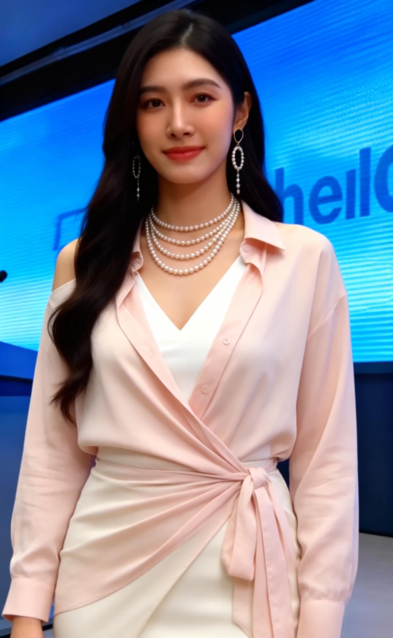 浅粉色露肩衬衫，斜襟交叠设计搭配V领，
内搭白色蕾丝吊带，柔化线条又添精致感；