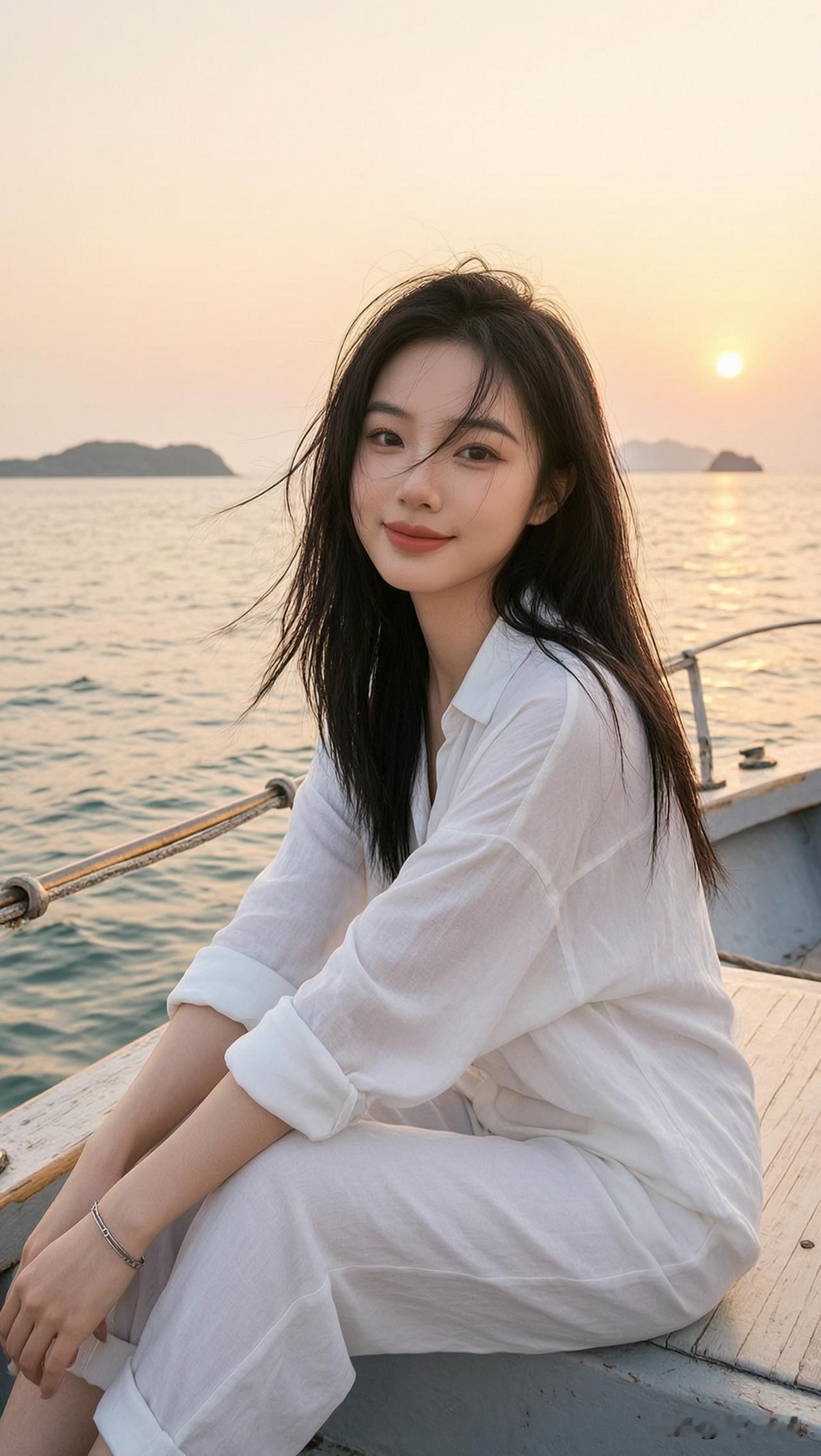 夕阳下的海边，温柔少女与宁静大海的浪漫邂逅。