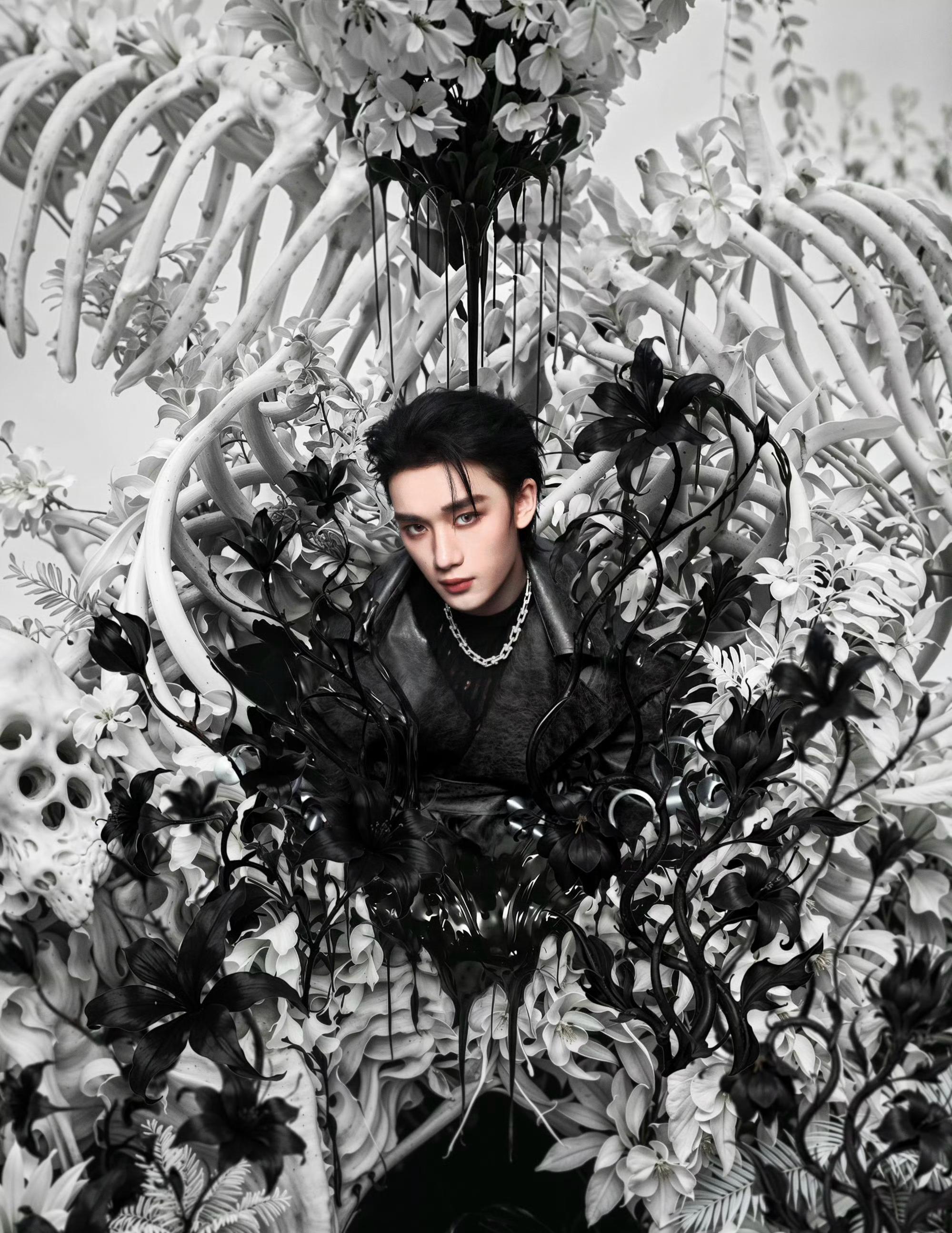 丁程鑫 新歌《人造神》造型大片，黑色皮革廓形大衣，佩戴着Tiffany珠宝，冷峻