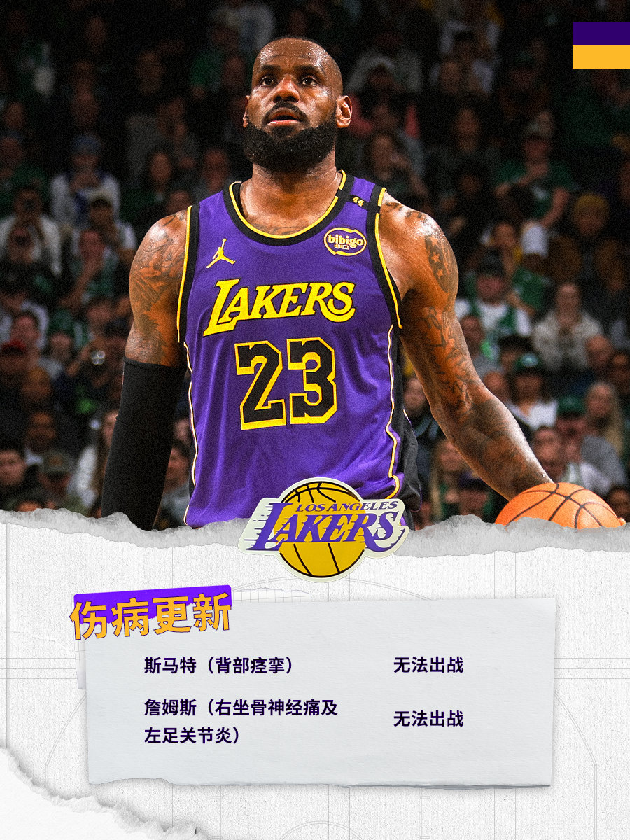 「伤病更新」詹姆斯和斯马特因伤病将无法出战今天的比赛而东契奇继续因为个人原因缺席